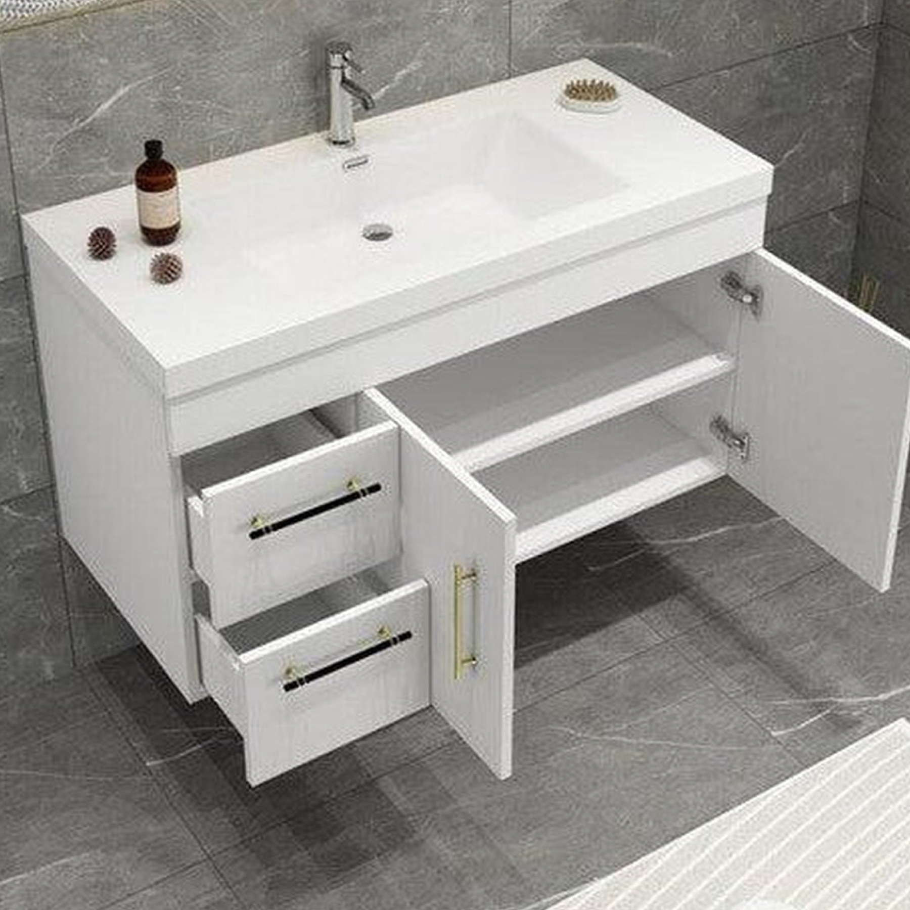 Elara 42" High Gloss White Wall-Mounted Vanity With Left Side Drawers and Single Reinforced White Acrylic Sink