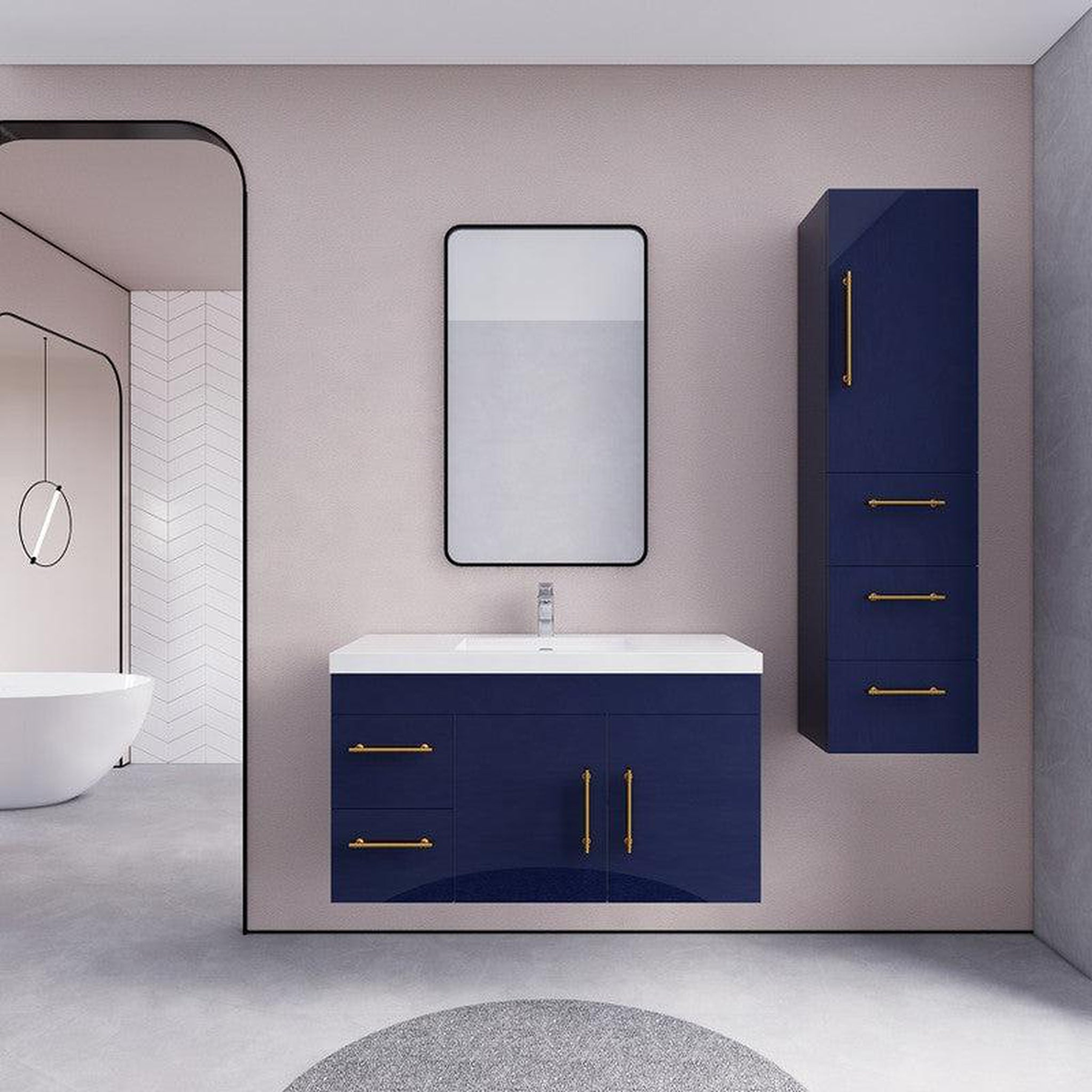 Elara 42" High Gloss Night Blue Wall-Mounted Vanity With Left Side Drawers and Single Reinforced White Acrylic Sink
