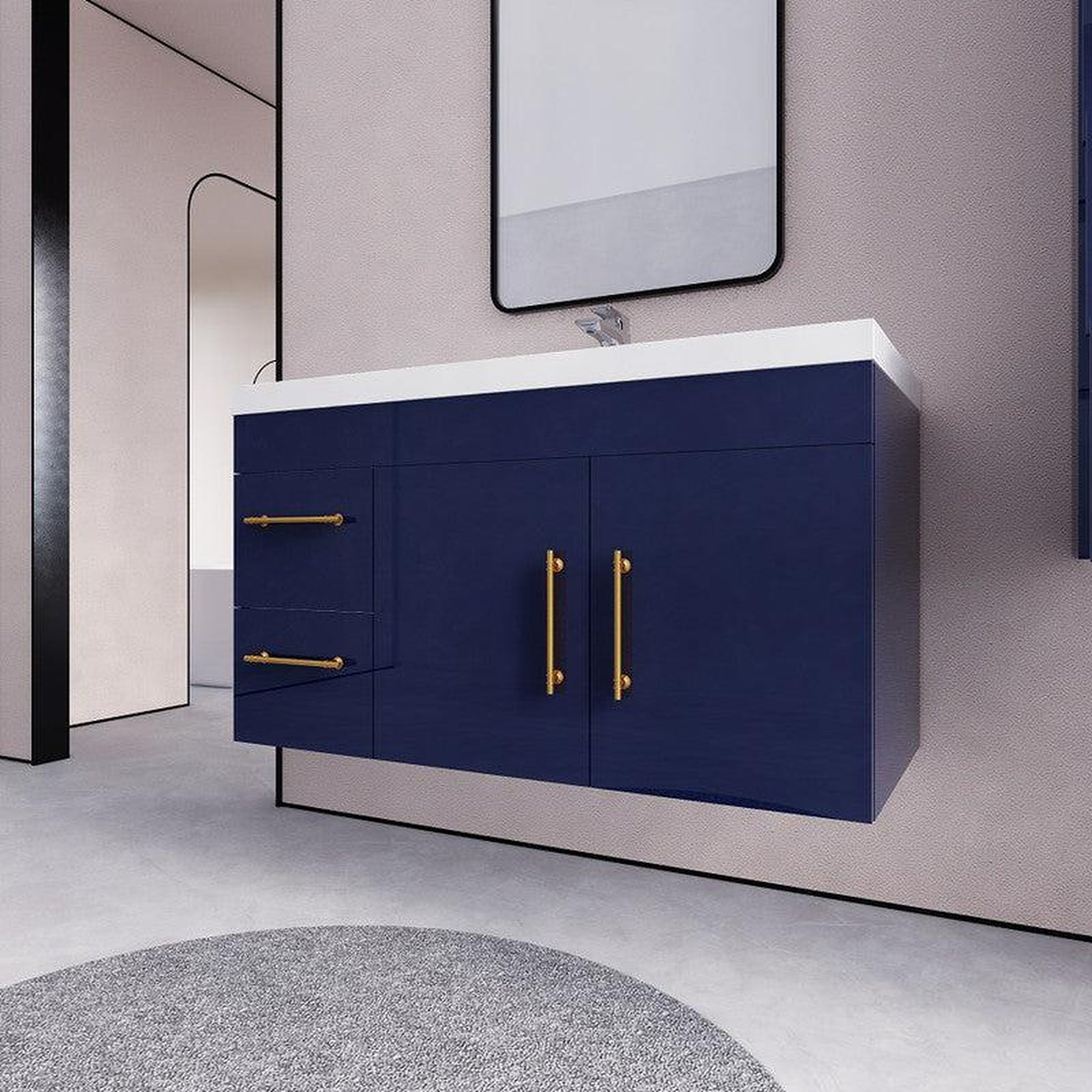 Elara 42" High Gloss Night Blue Wall-Mounted Vanity With Left Side Drawers and Single Reinforced White Acrylic Sink