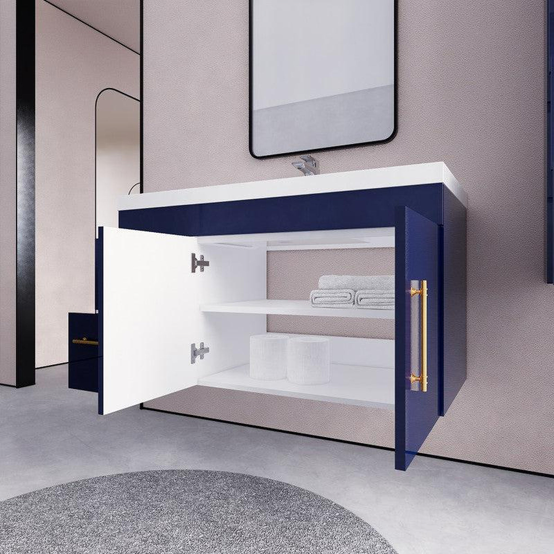 Elara 42" High Gloss Night Blue Wall-Mounted Vanity With Left Side Drawers and Single Reinforced White Acrylic Sink