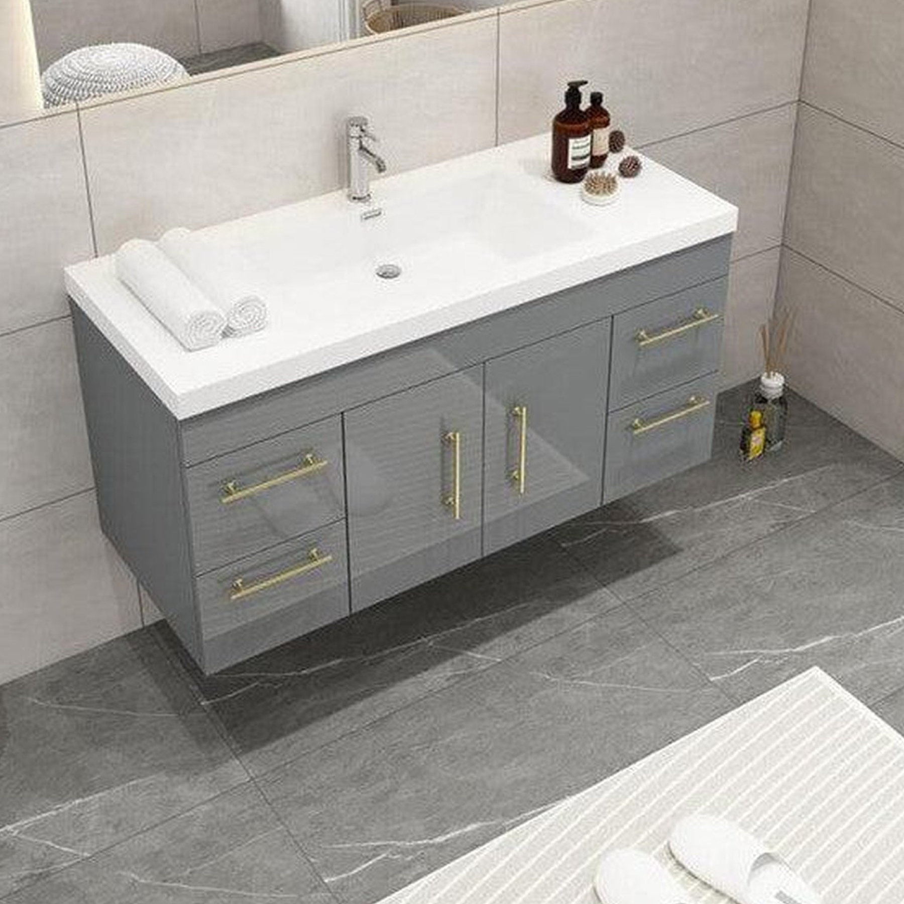 Elara 48" High Gloss Gray Wall-Mounted Vanity With Single Reinforced White Acrylic Sink