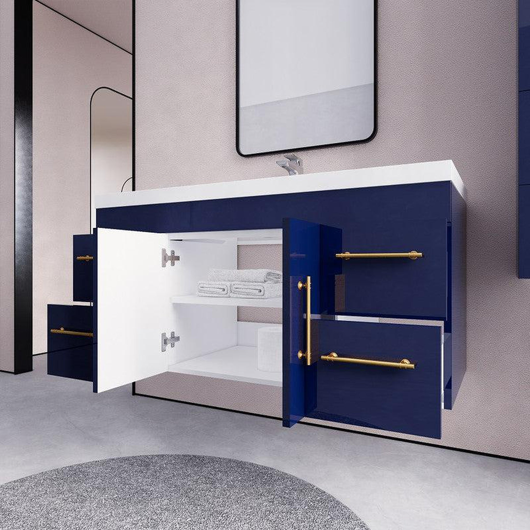 Elara 48" High Gloss Night Blue Wall-Mounted Vanity With Single Reinforced White Acrylic Sink