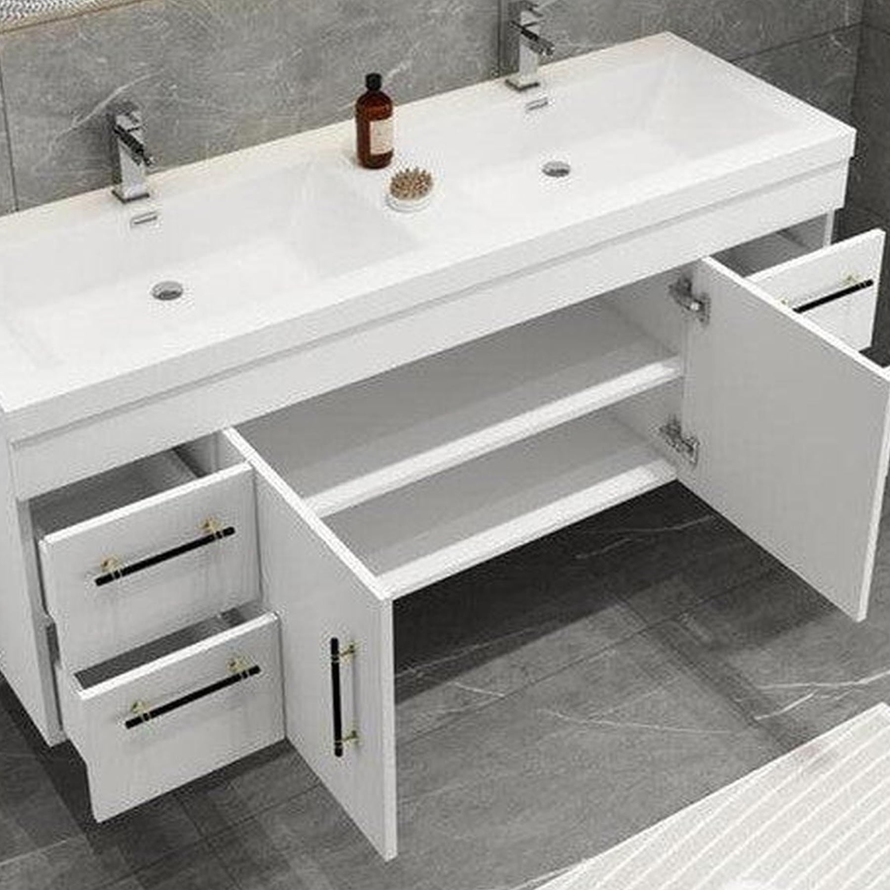 Elara 60" High Gloss White Wall-Mounted Vanity With Double Reinforced White Acrylic Sinks