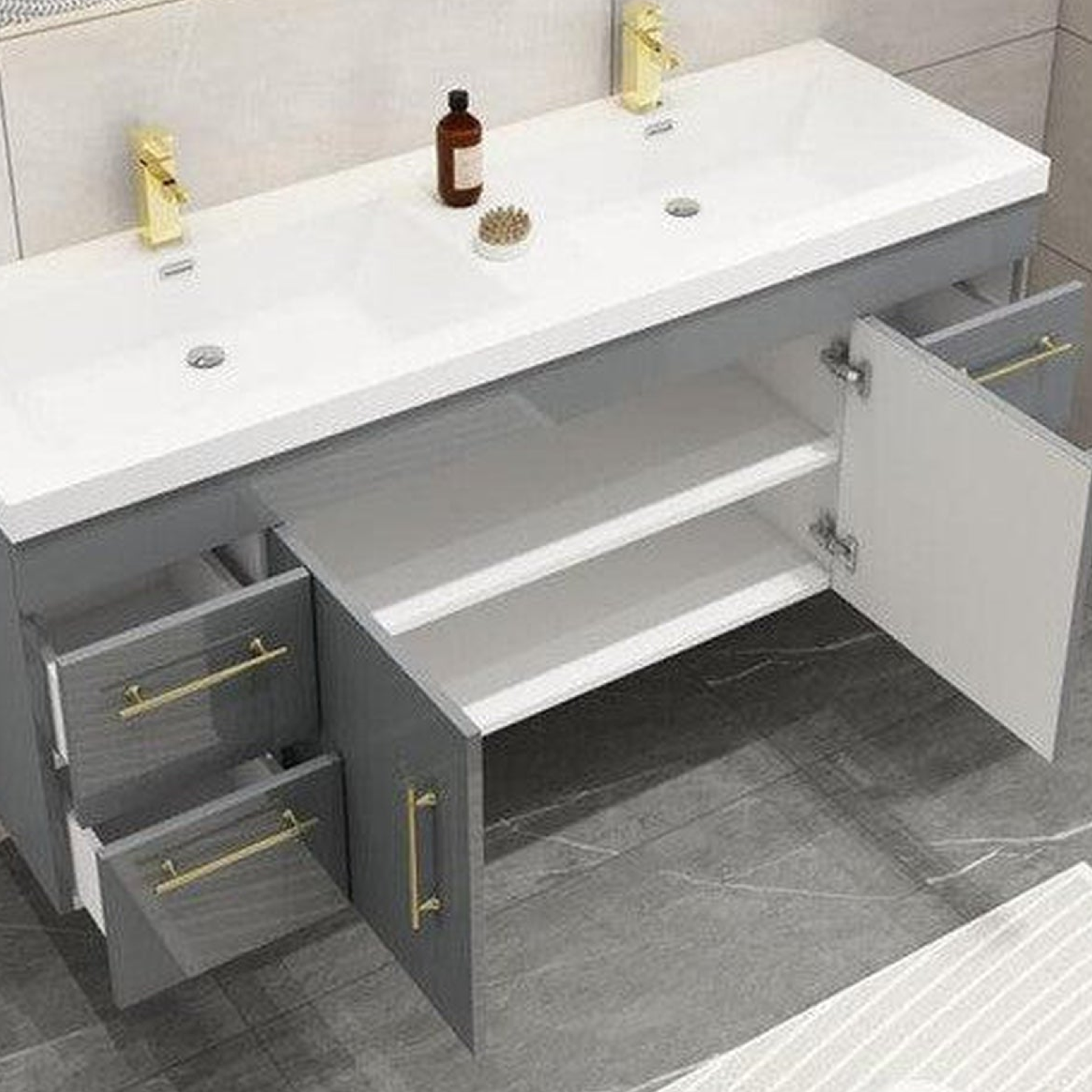 Elara 60" High Gloss Gray Wall-Mounted Vanity With Double Reinforced White Acrylic Sinks