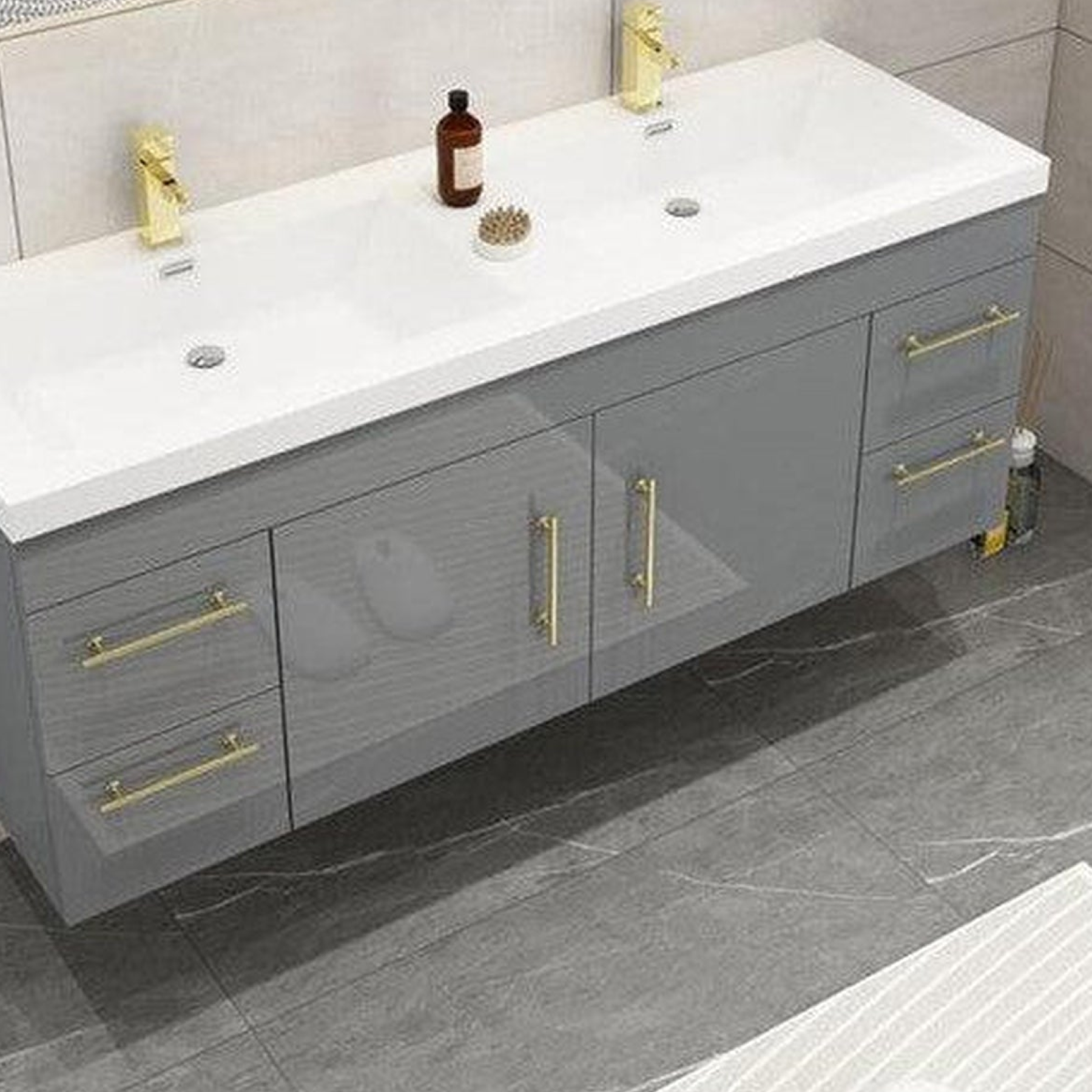 Elara 60" High Gloss Gray Wall-Mounted Vanity With Double Reinforced White Acrylic Sinks