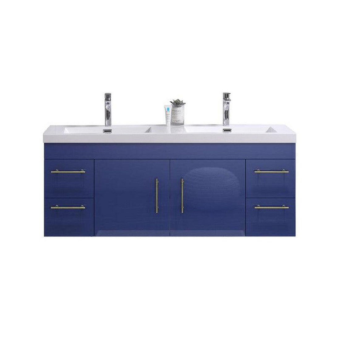 Elara 60" High Gloss Night Blue Wall-Mounted Vanity With Double Reinforced White Acrylic Sinks