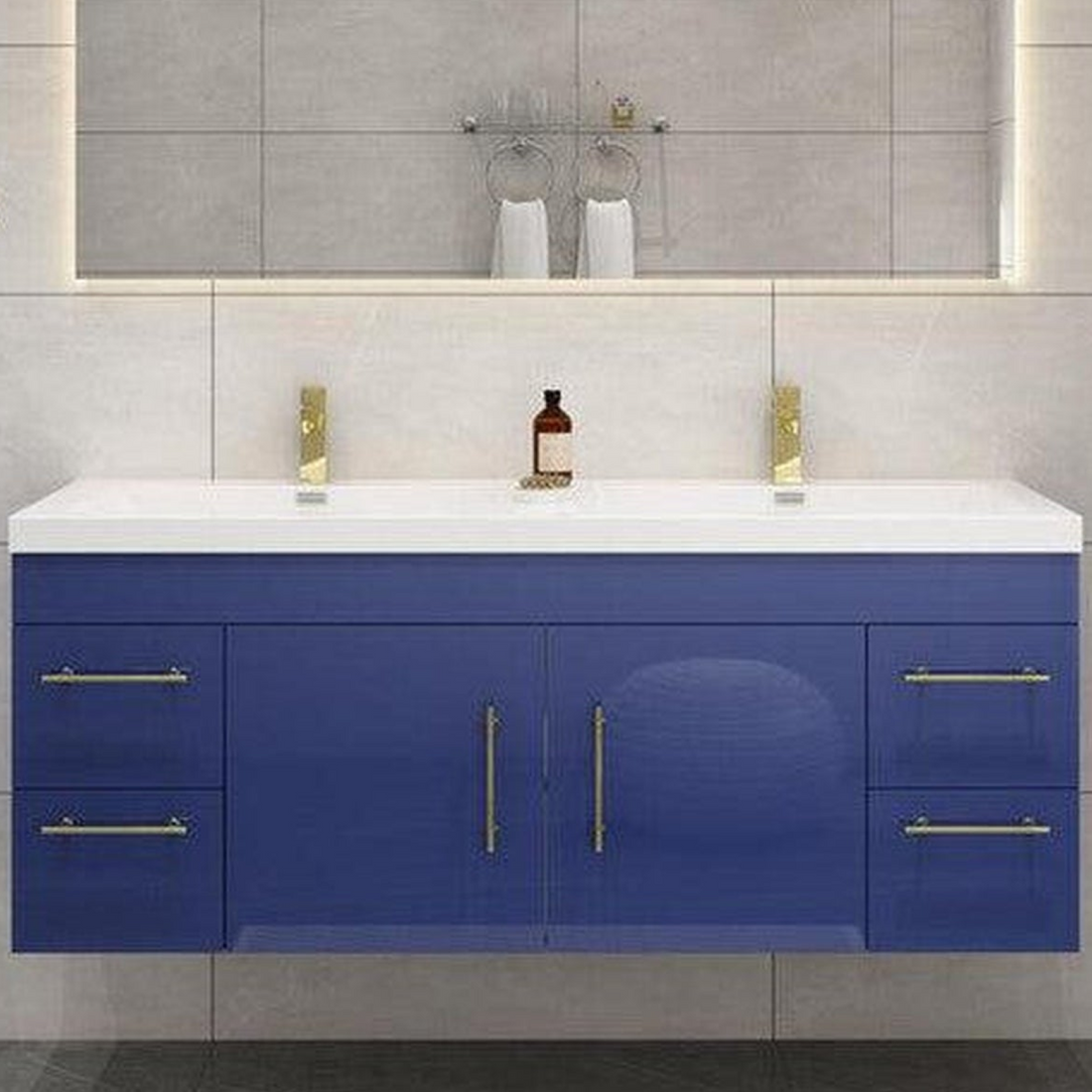 Elara 60" High Gloss Night Blue Wall-Mounted Vanity With Double Reinforced White Acrylic Sinks