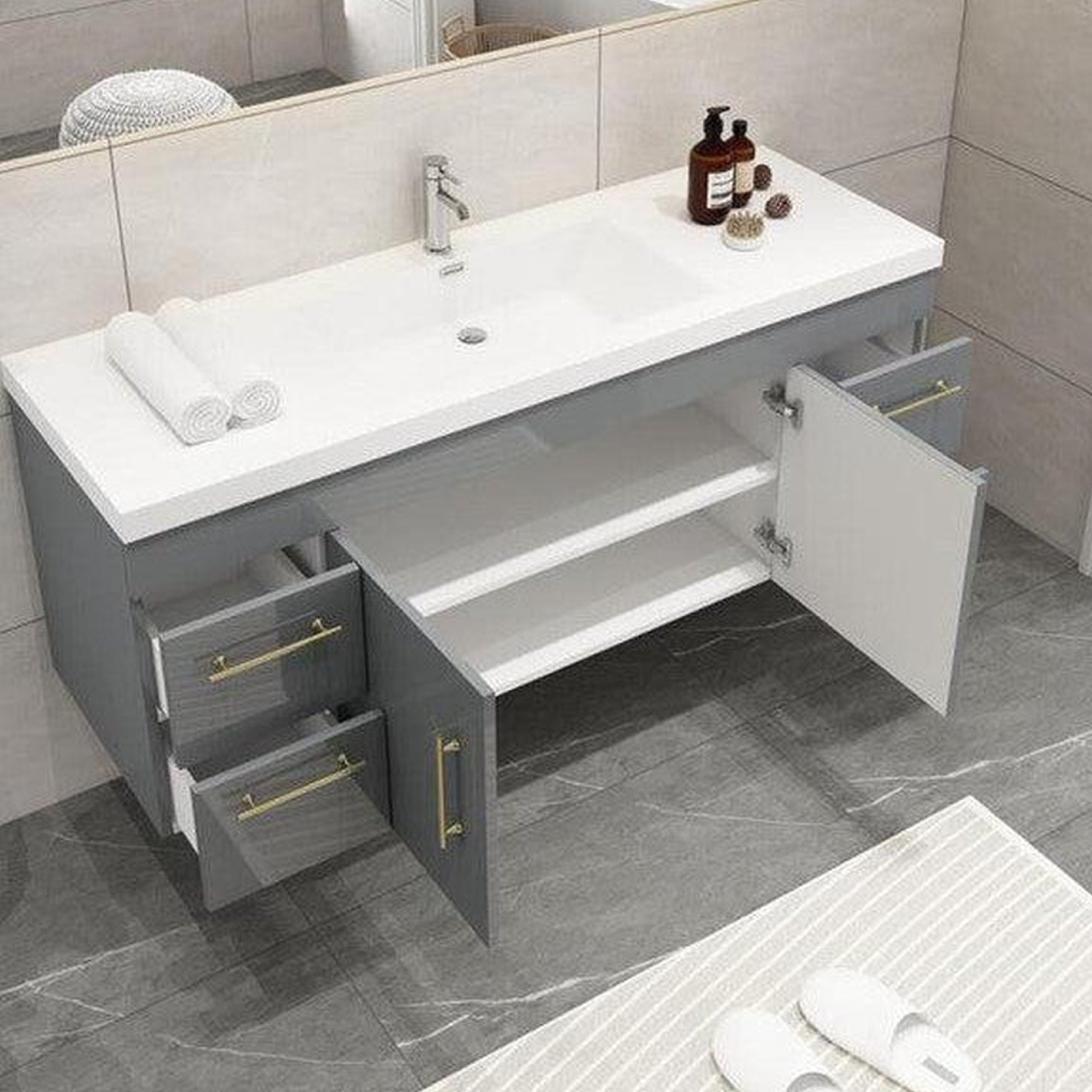 Elara 60" High Gloss Gray Wall-Mounted Vanity With Single Reinforced White Acrylic Sink