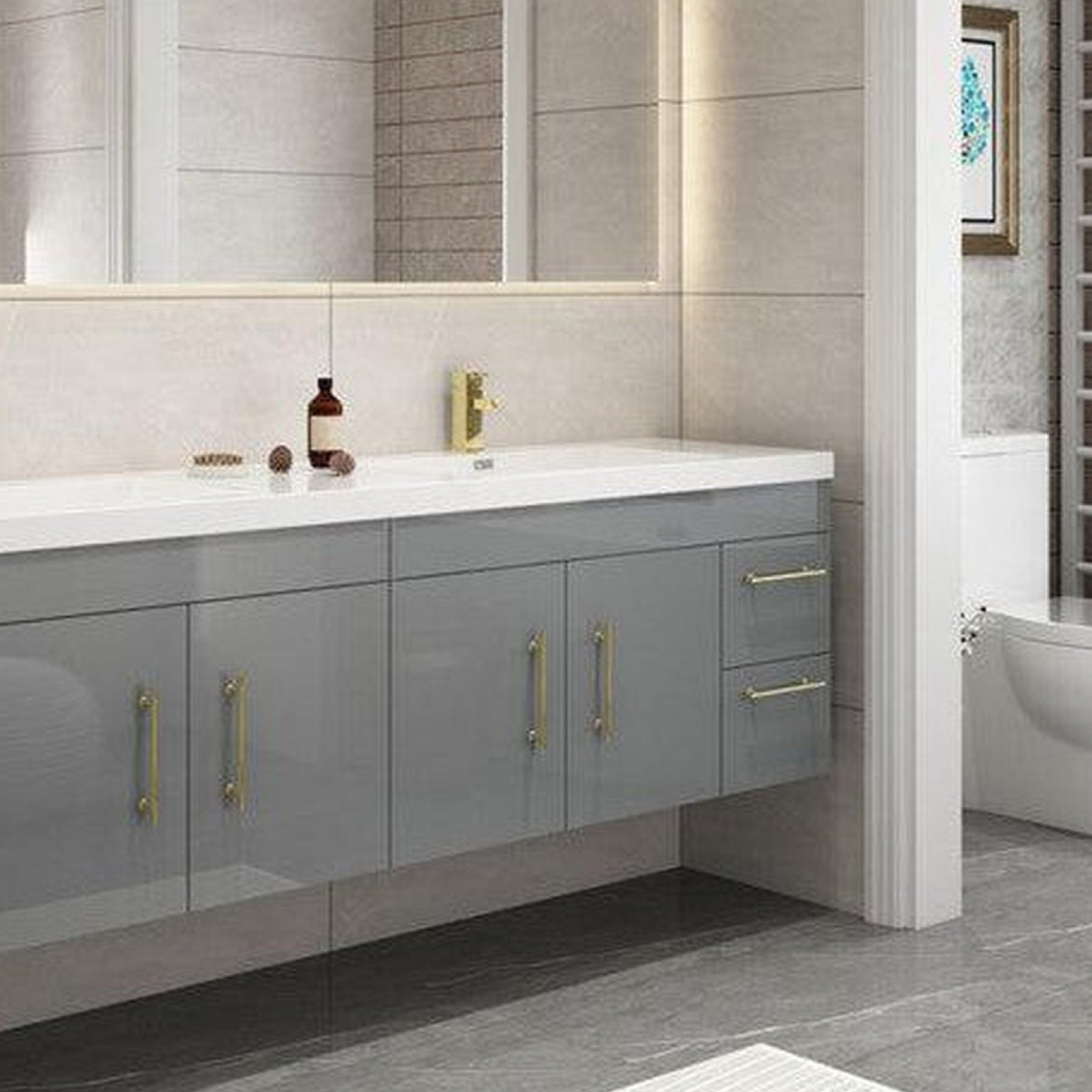 Elara 72" High Gloss Gray Wall-Mounted Vanity With Double Reinforced White Acrylic Sinks