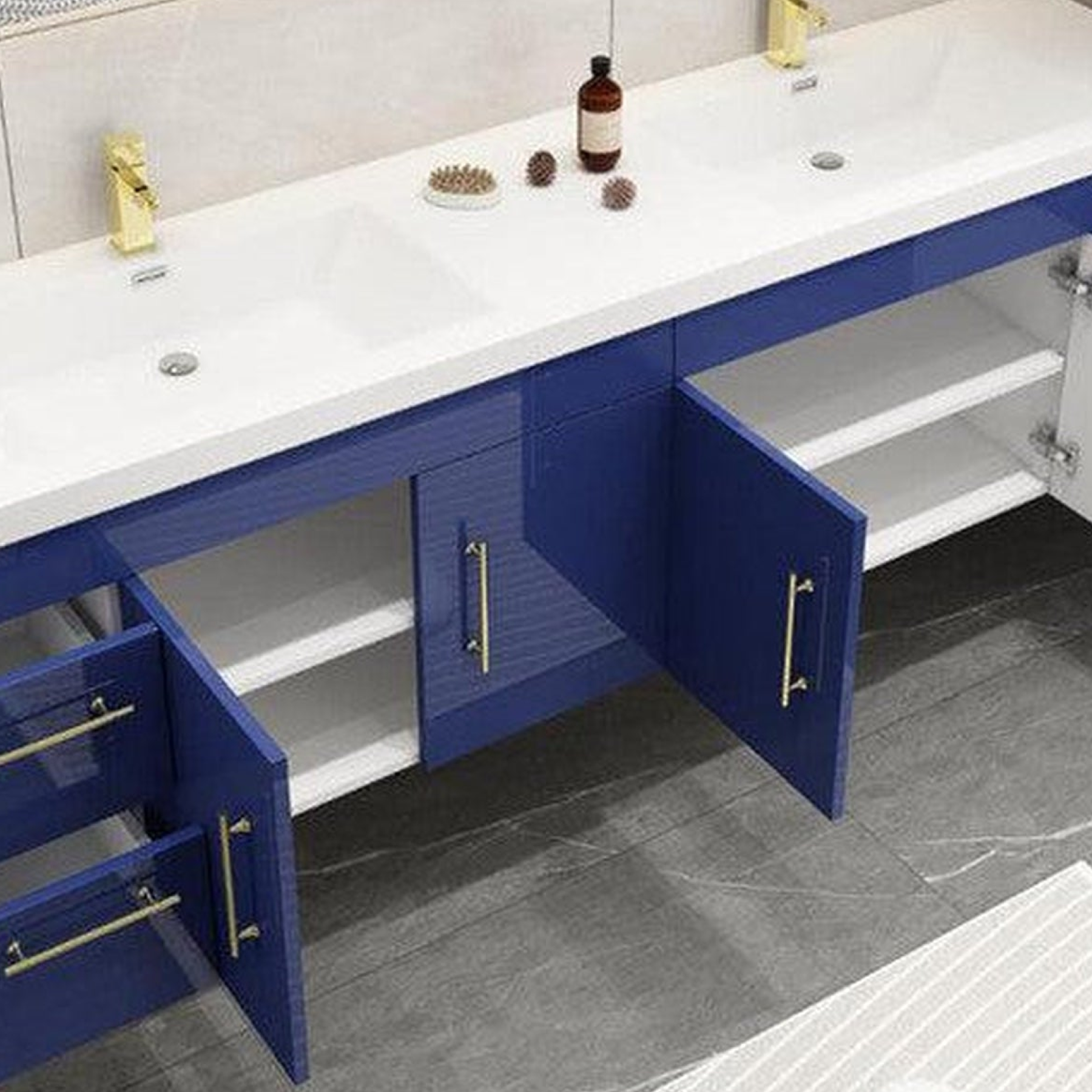 Elara 72" High Gloss Night Blue Wall-Mounted Vanity With Double Reinforced White Acrylic Sinks