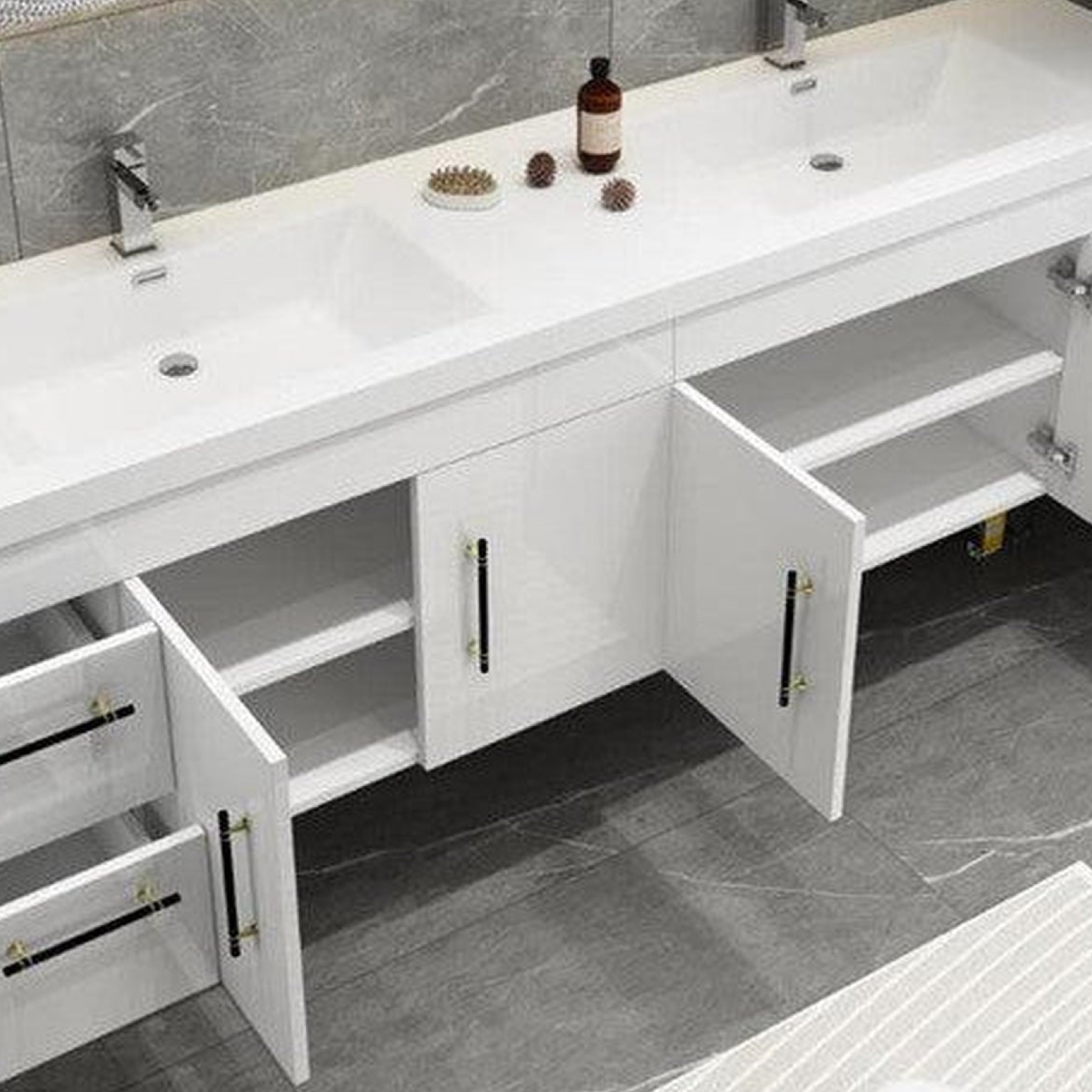 Elara 84" High Gloss White Wall-Mounted Vanity With Double Reinforced White Acrylic Sinks