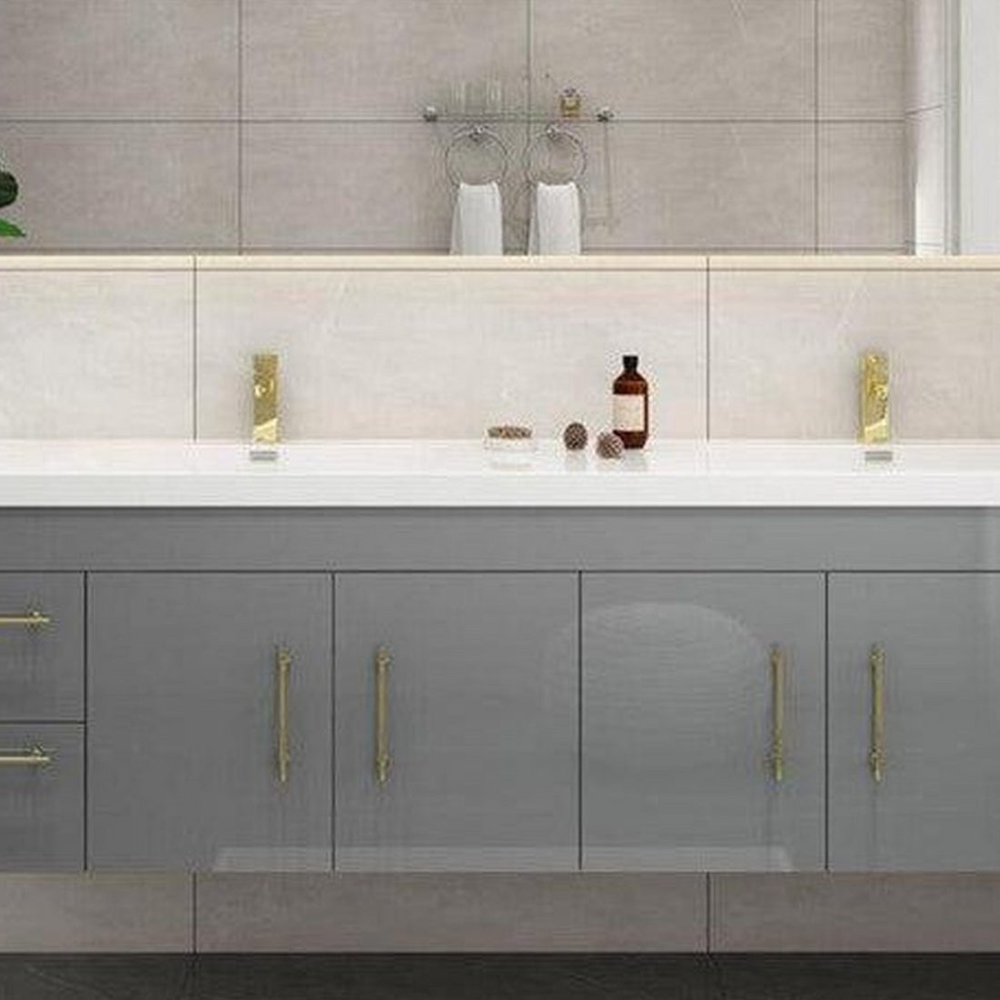 Elara 84" High Gloss Gray Wall-Mounted Vanity With Double Reinforced White Acrylic Sinks