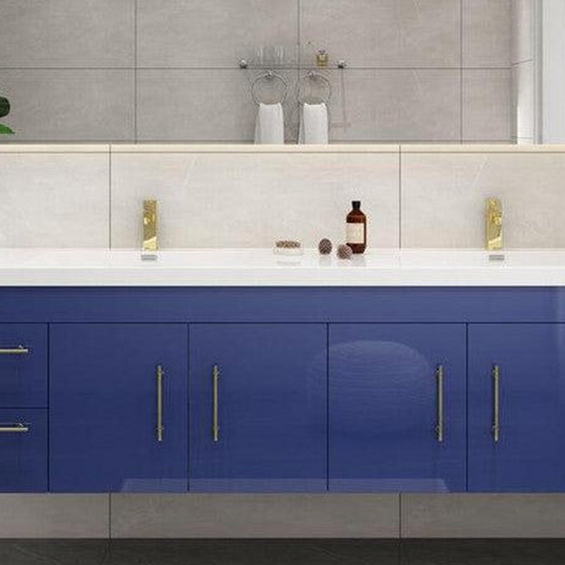 Elara 84" High Gloss Night Blue Wall-Mounted Vanity With Double Reinforced White Acrylic Sinks