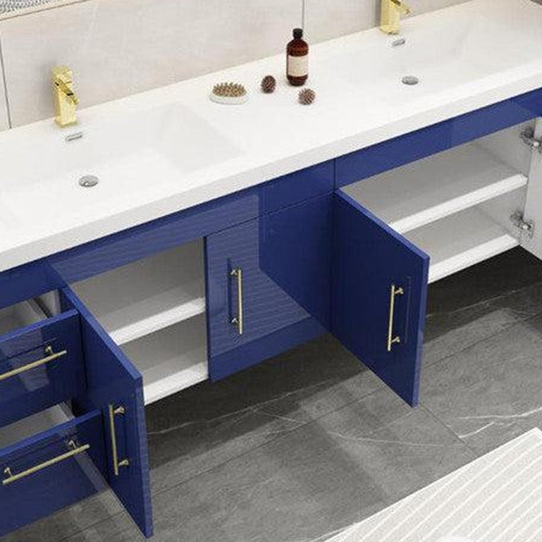 Elara 84" High Gloss Night Blue Wall-Mounted Vanity With Double Reinforced White Acrylic Sinks