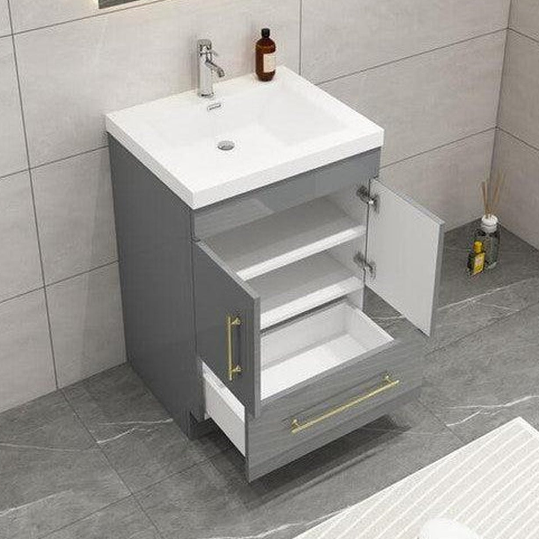 Elara 24" High Gloss Gray Freestanding Vanity With Single Reinforced White Acrylic Sink
