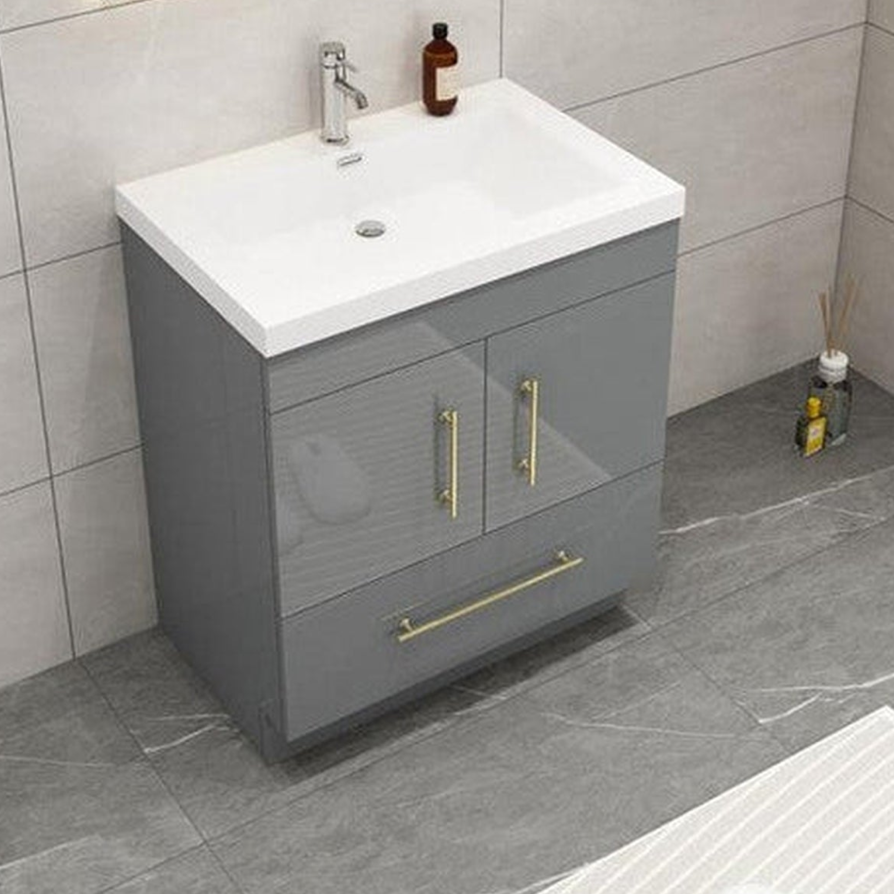 Elara 30" High Gloss Gray Freestanding Vanity With Single Reinforced White Acrylic Sink