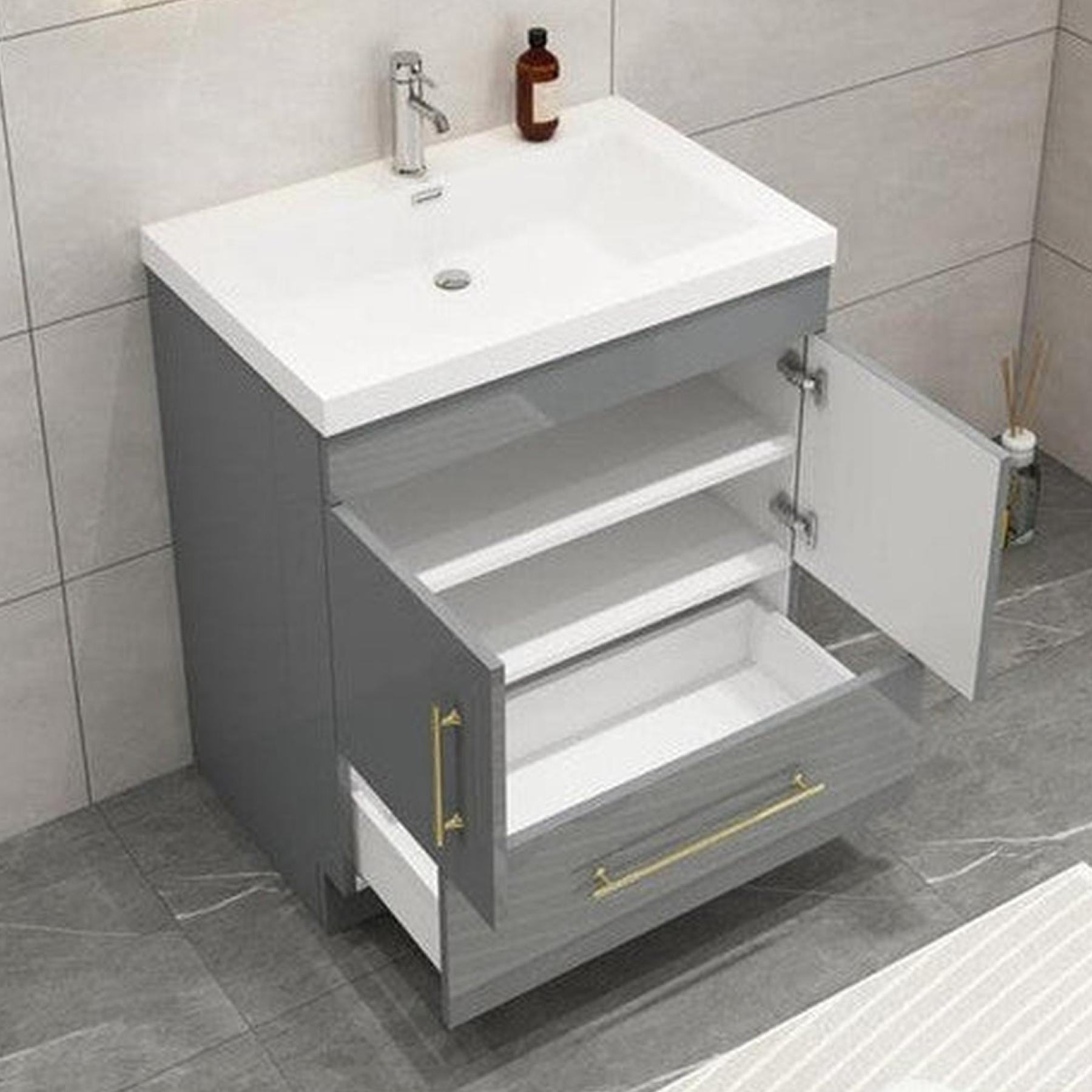 Elara 30" High Gloss Gray Freestanding Vanity With Single Reinforced White Acrylic Sink