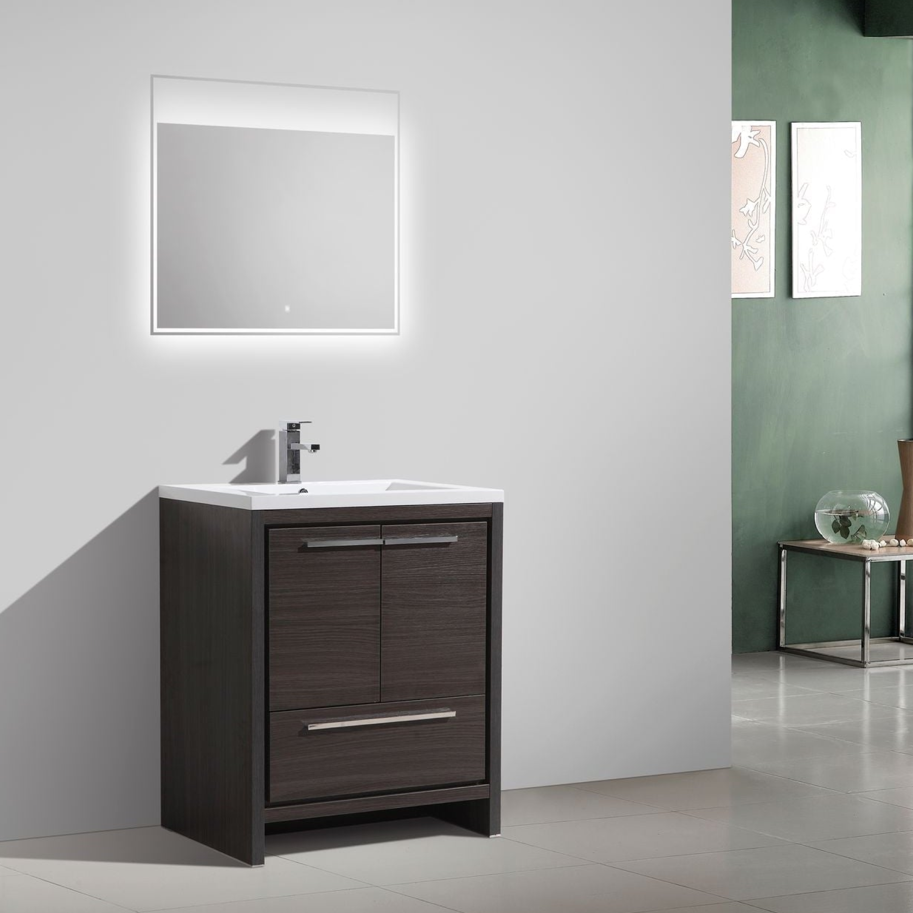 Amara 30" Dark Gray Oak Freestanding Vanity With Single Reinforced White Acrylic Sink