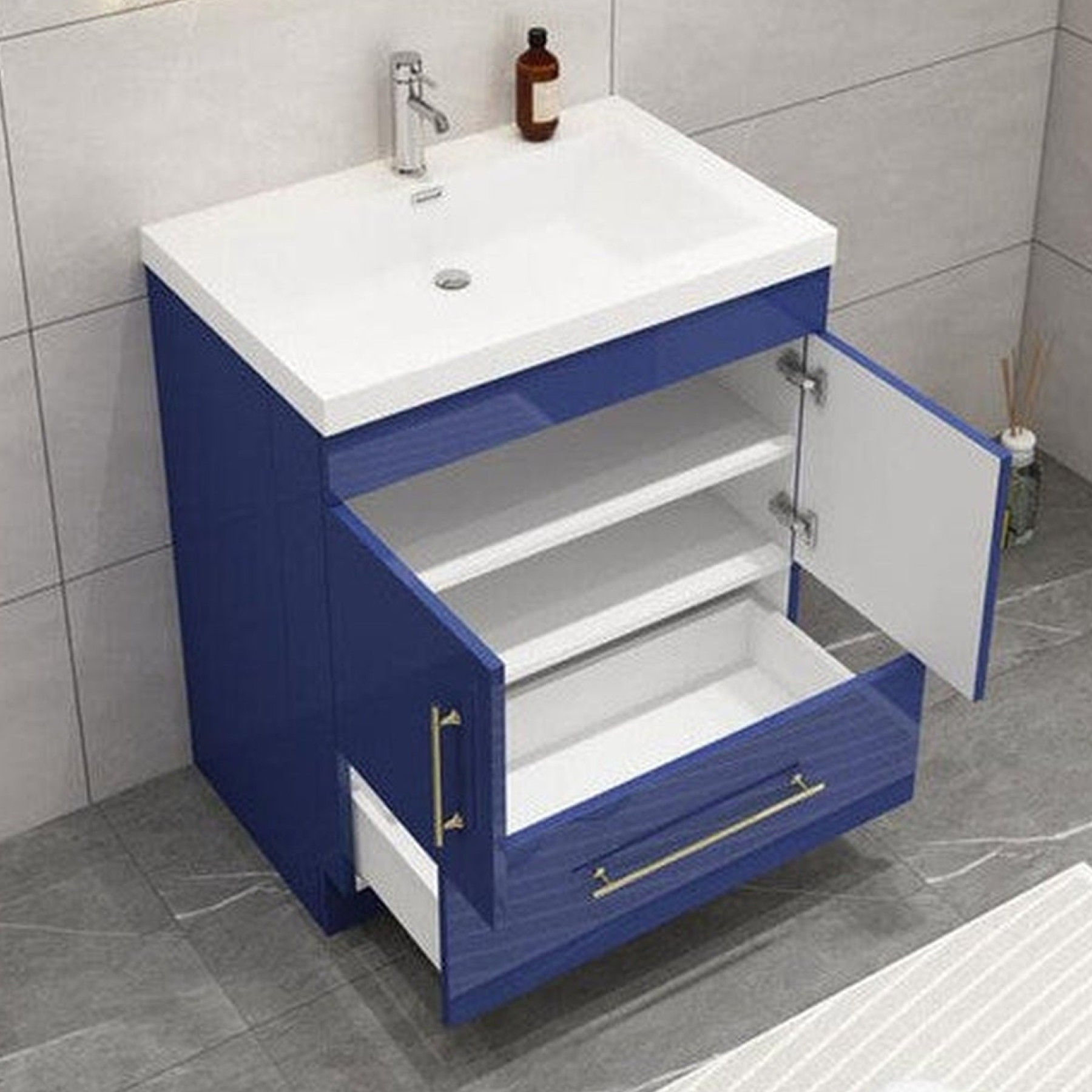 Elara 30" High Gloss Night Blue Freestanding Vanity With Single Reinforced White Acrylic Sink