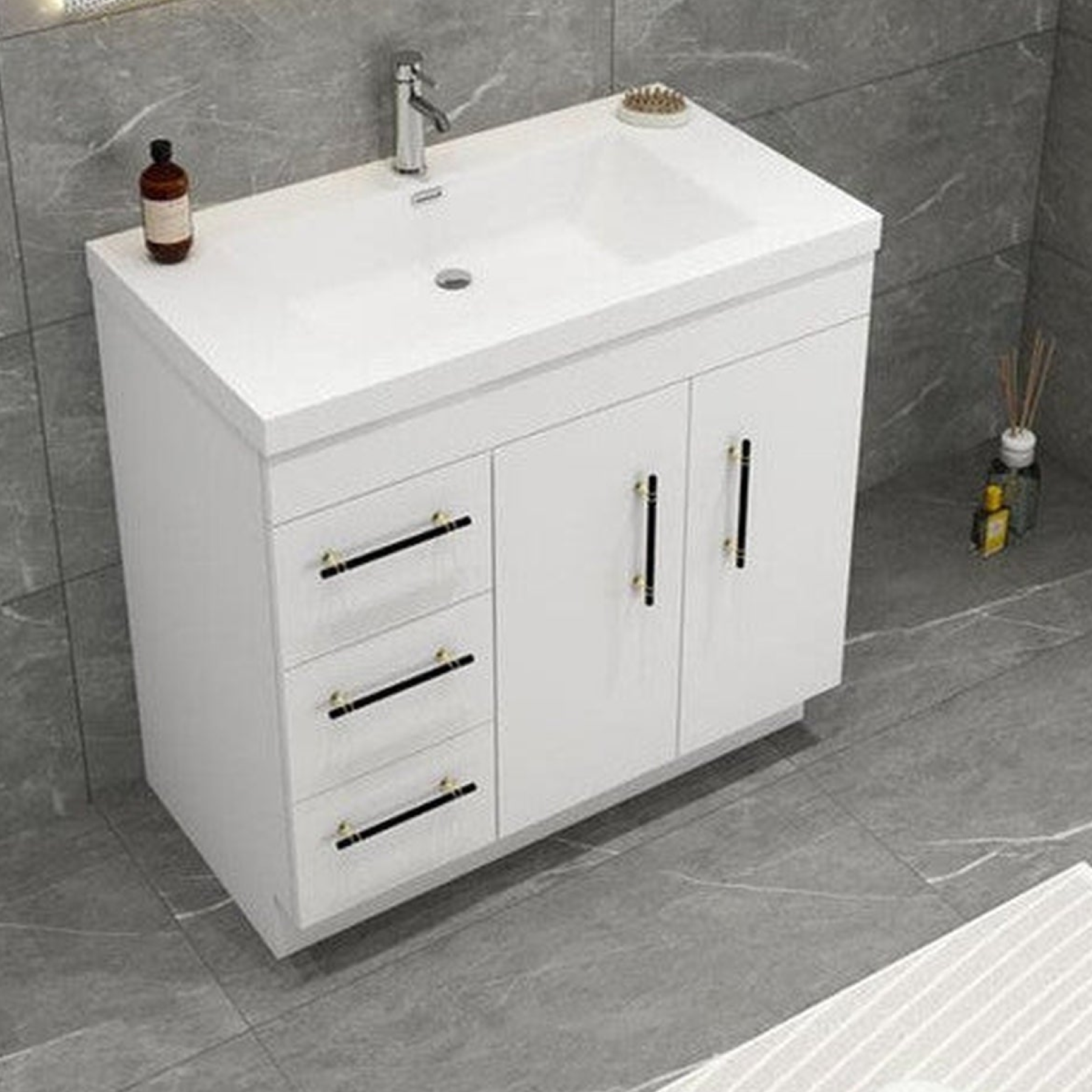 Elara 36" High Gloss White Freestanding Vanity With Left Side Drawers and Single Reinforced White Acrylic Sink