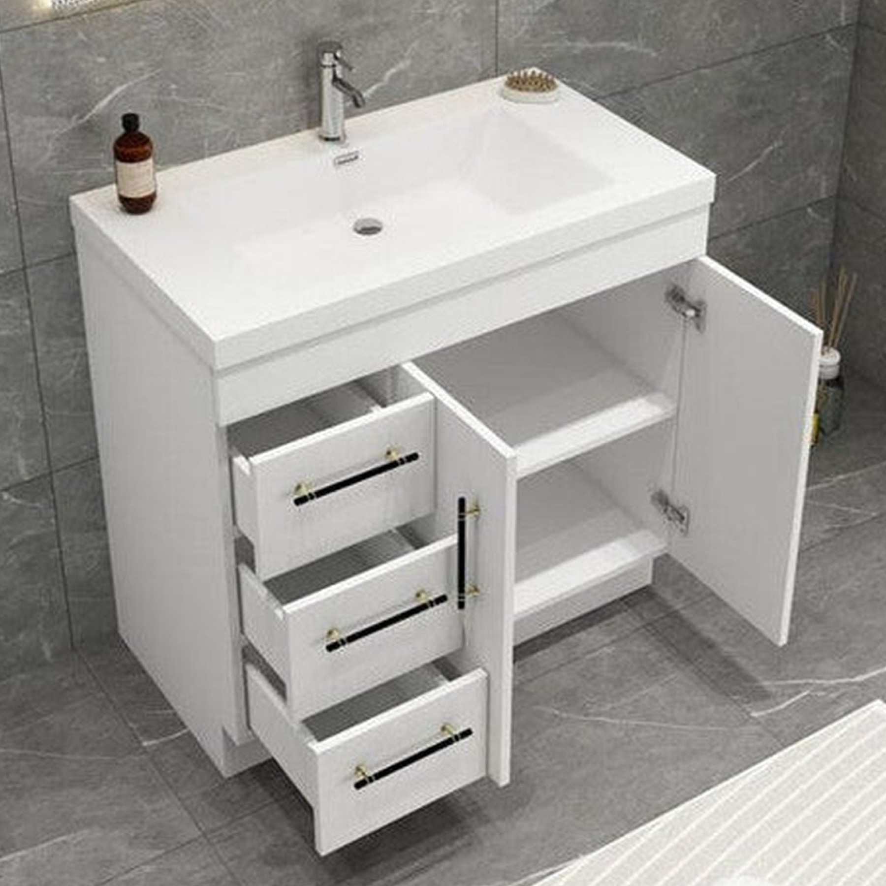 Elara 36" High Gloss White Freestanding Vanity With Left Side Drawers and Single Reinforced White Acrylic Sink