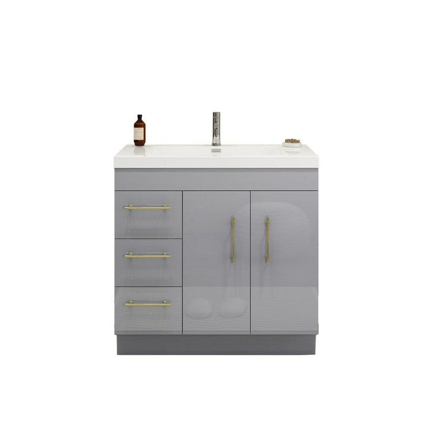 Elara 36" High Gloss Gray Freestanding Vanity With Left Side Drawers and Single Reinforced White Acrylic Sink