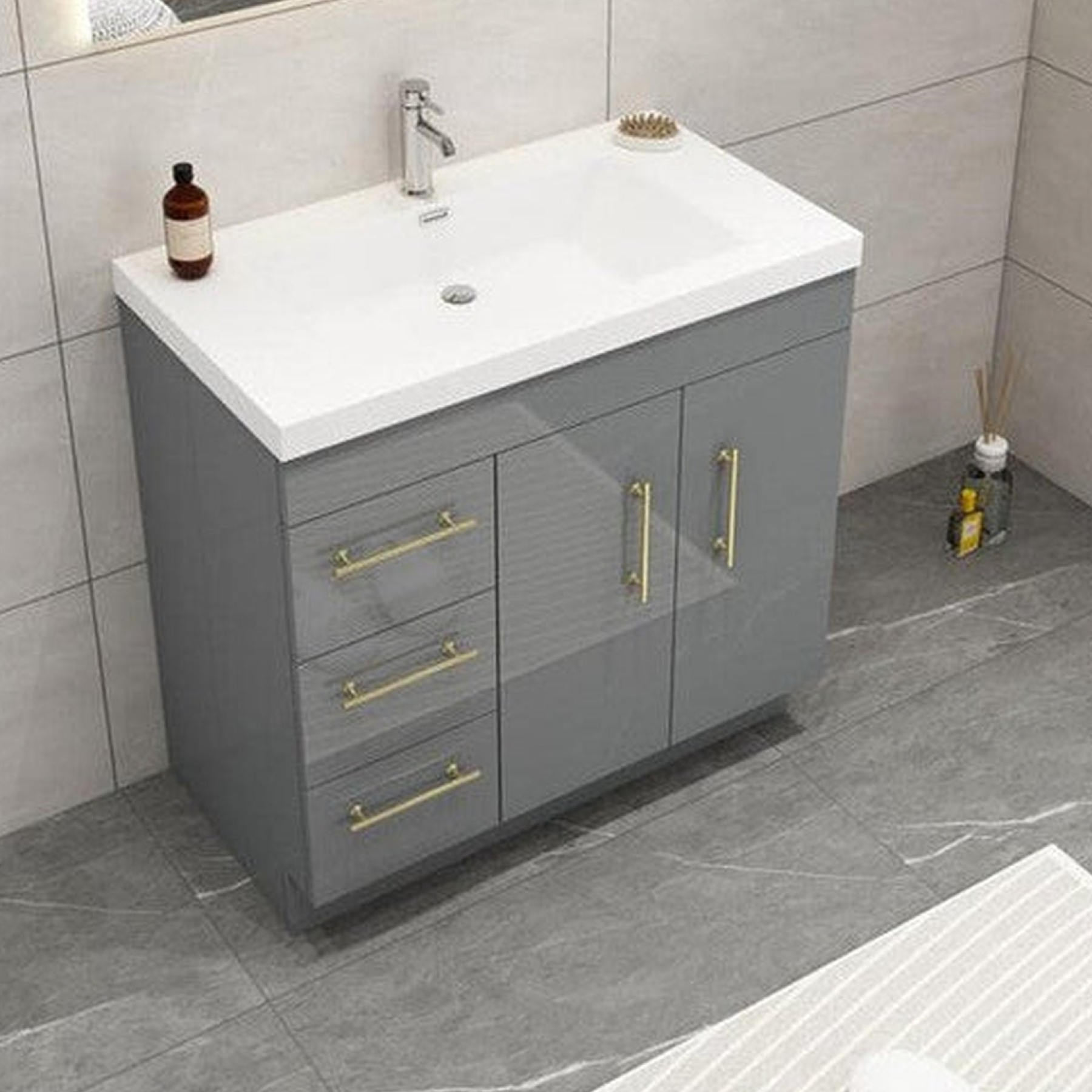 Elara 36" High Gloss Gray Freestanding Vanity With Left Side Drawers and Single Reinforced White Acrylic Sink