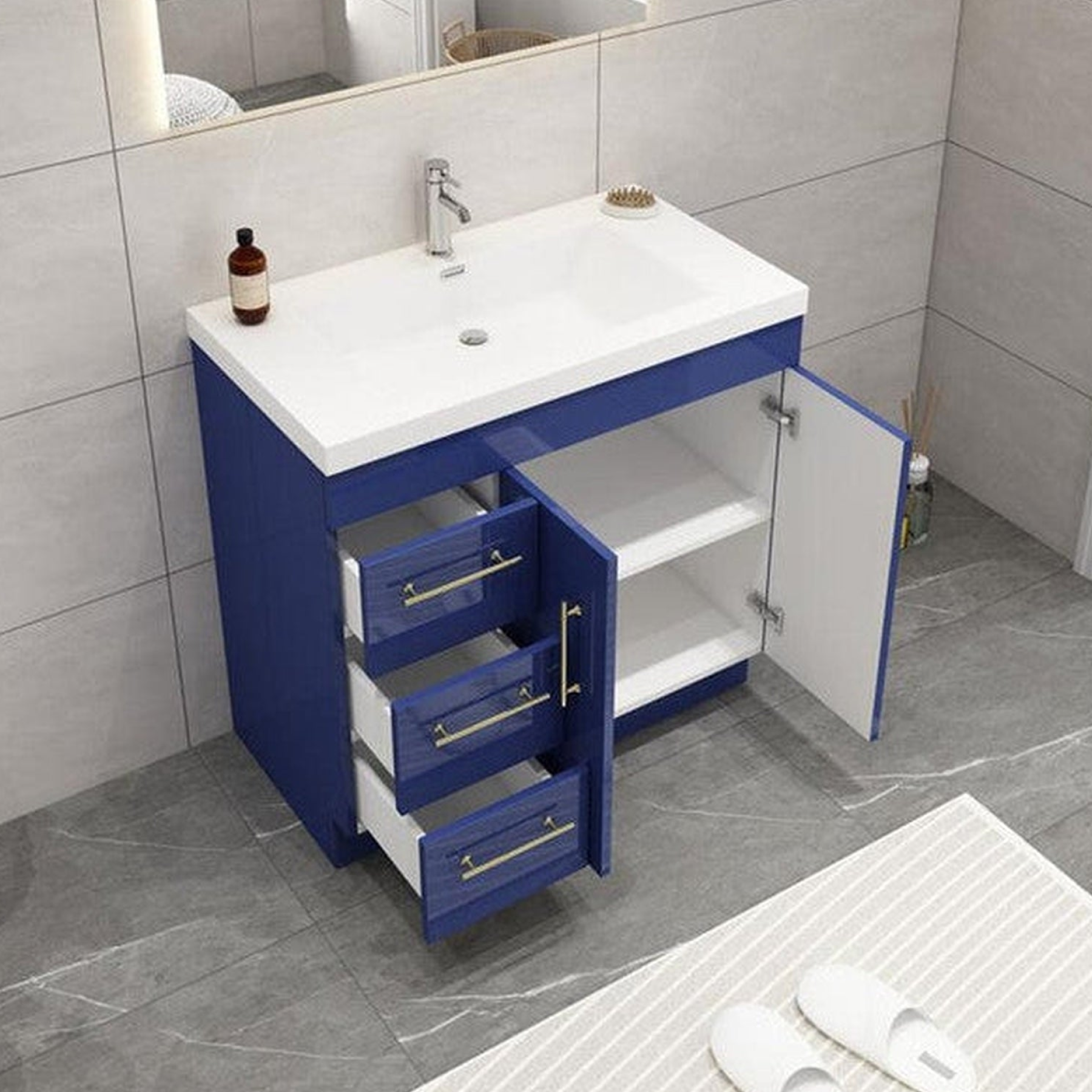 Elara 36" High Gloss Night Blue Freestanding Vanity With Left Side Drawers and Single Reinforced White Acrylic Sink