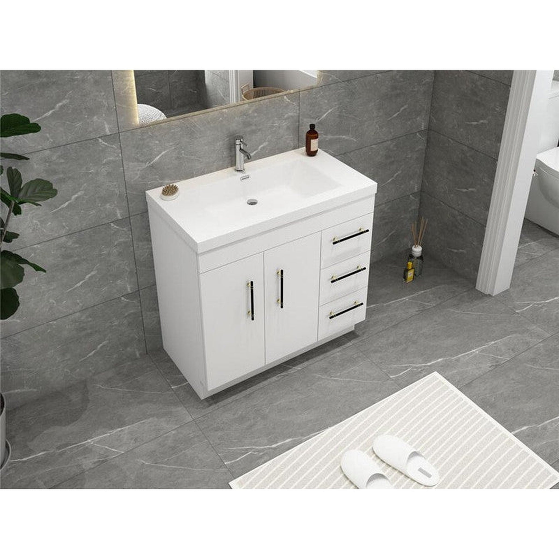 Elara 36" High Gloss White Freestanding Vanity With Right Side Drawers and Single Reinforced White Acrylic Sink
