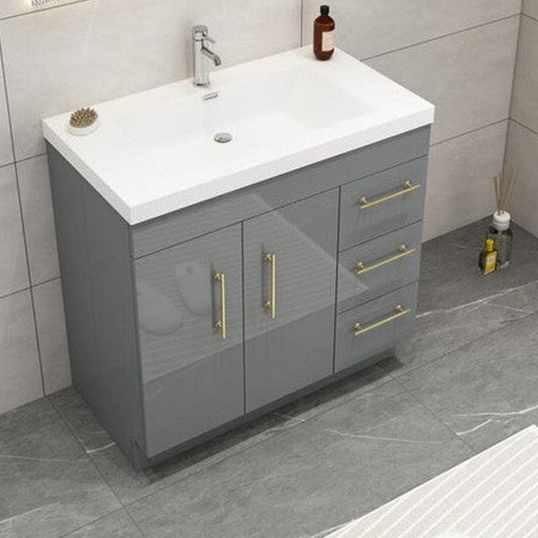 Elara 36" High Gloss Gray Freestanding Vanity With Right Side Drawers and Single Reinforced White Acrylic Sink