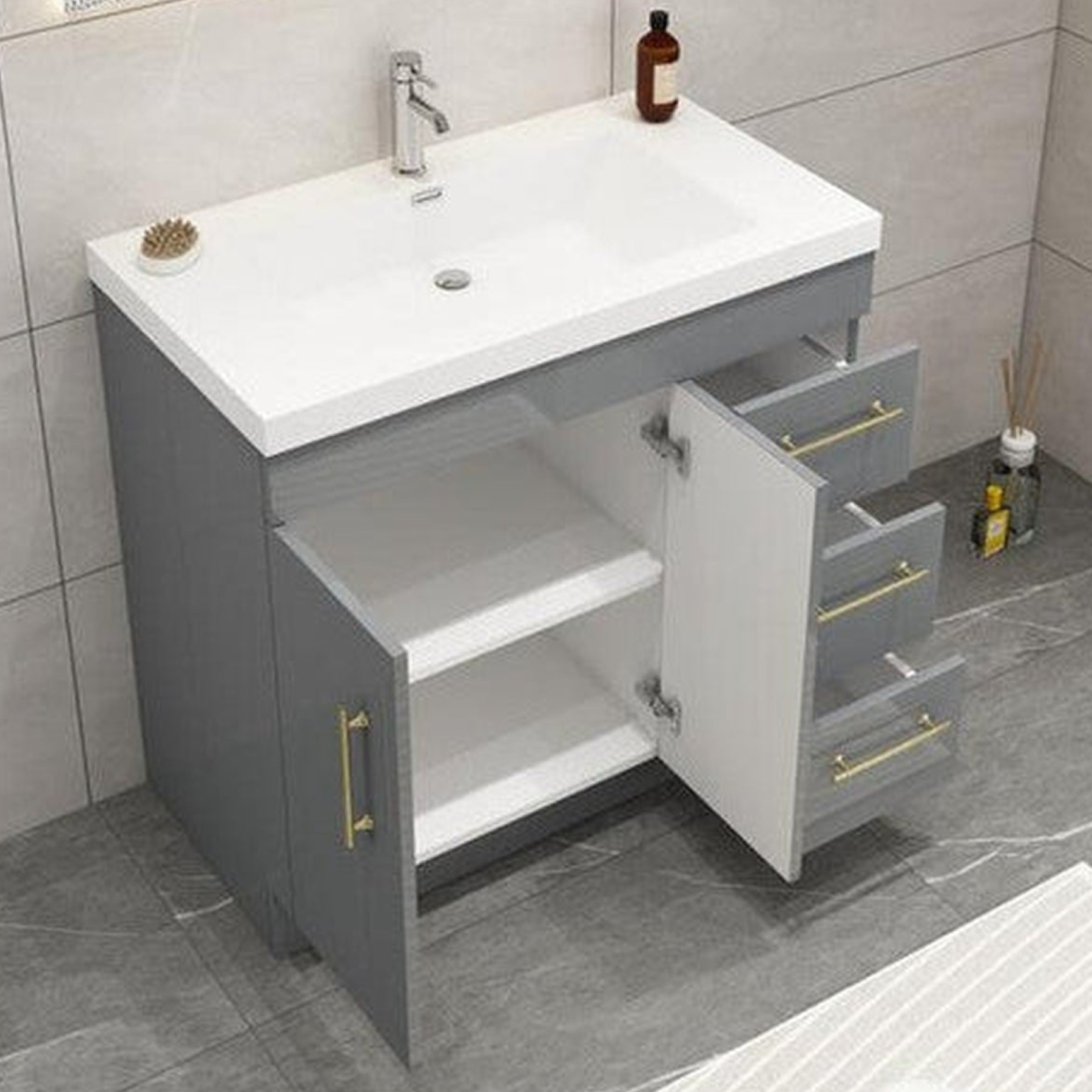 Elara 36" High Gloss Gray Freestanding Vanity With Right Side Drawers and Single Reinforced White Acrylic Sink