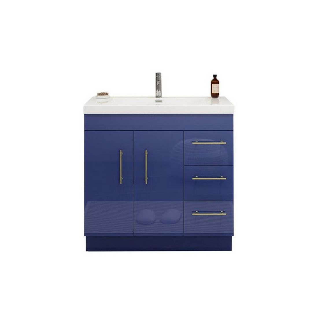 Elara 36" High Gloss Night Blue Freestanding Vanity With Right Side Drawers and Single Reinforced White Acrylic Sink