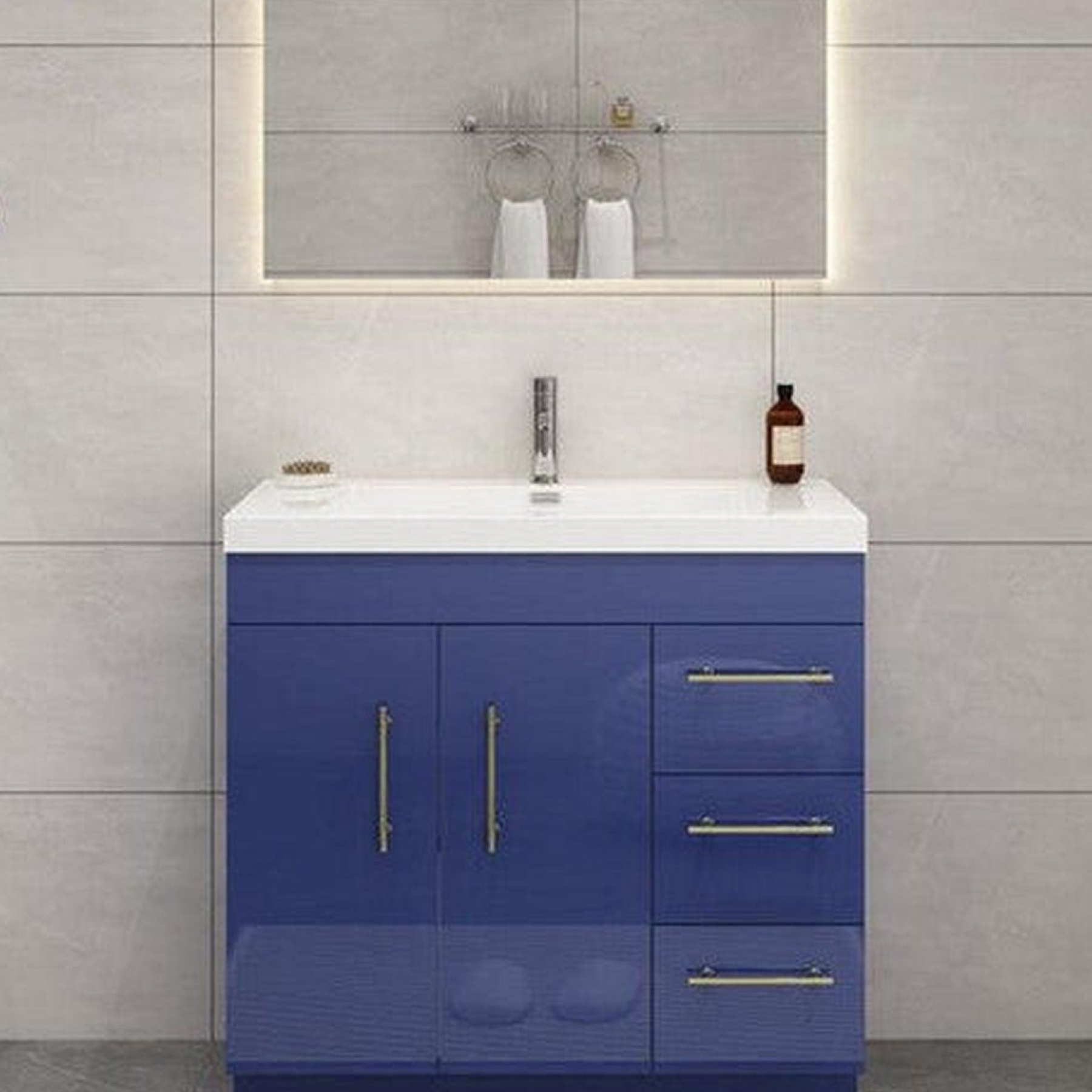 Elara 36" High Gloss Night Blue Freestanding Vanity With Right Side Drawers and Single Reinforced White Acrylic Sink