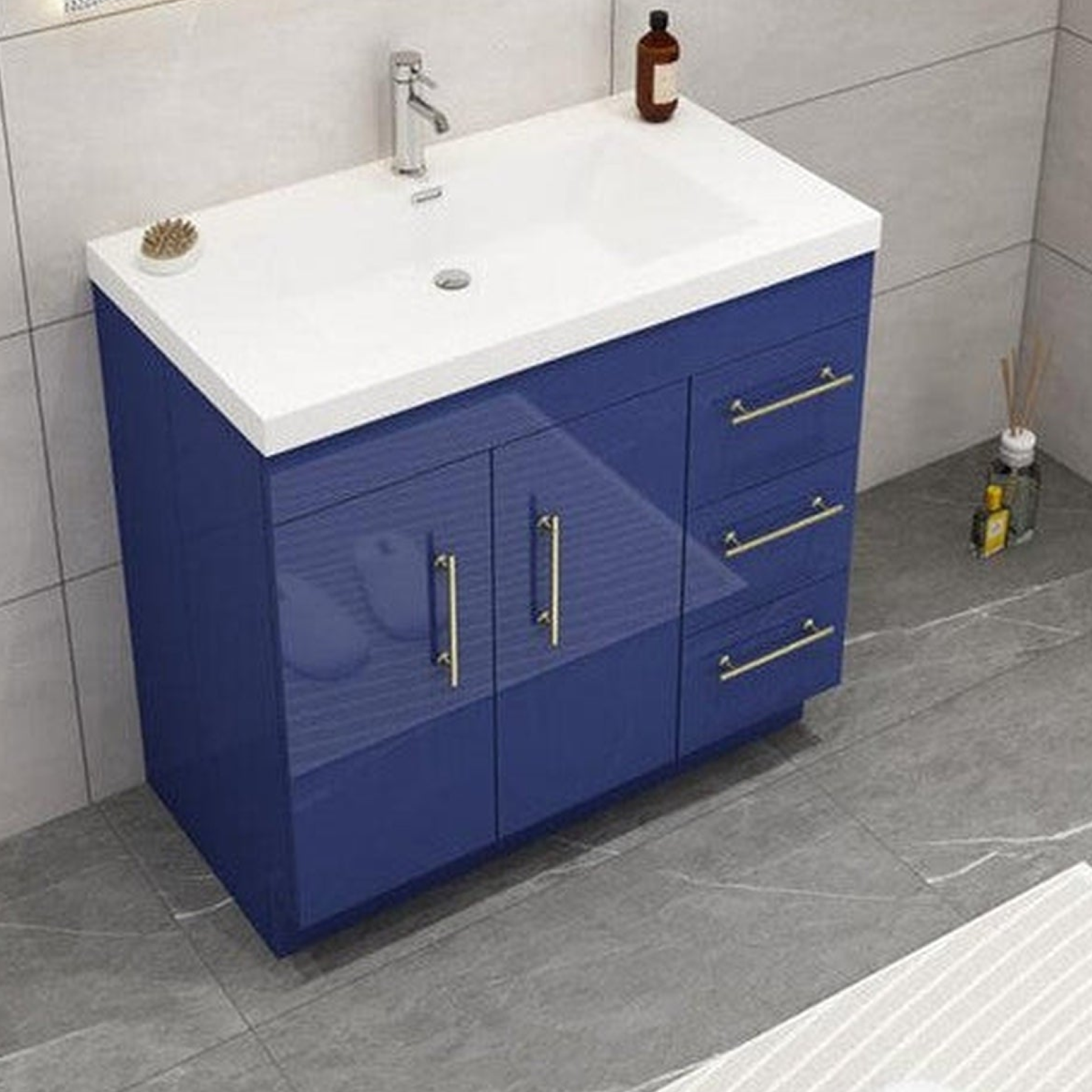 Elara 36" High Gloss Night Blue Freestanding Vanity With Right Side Drawers and Single Reinforced White Acrylic Sink