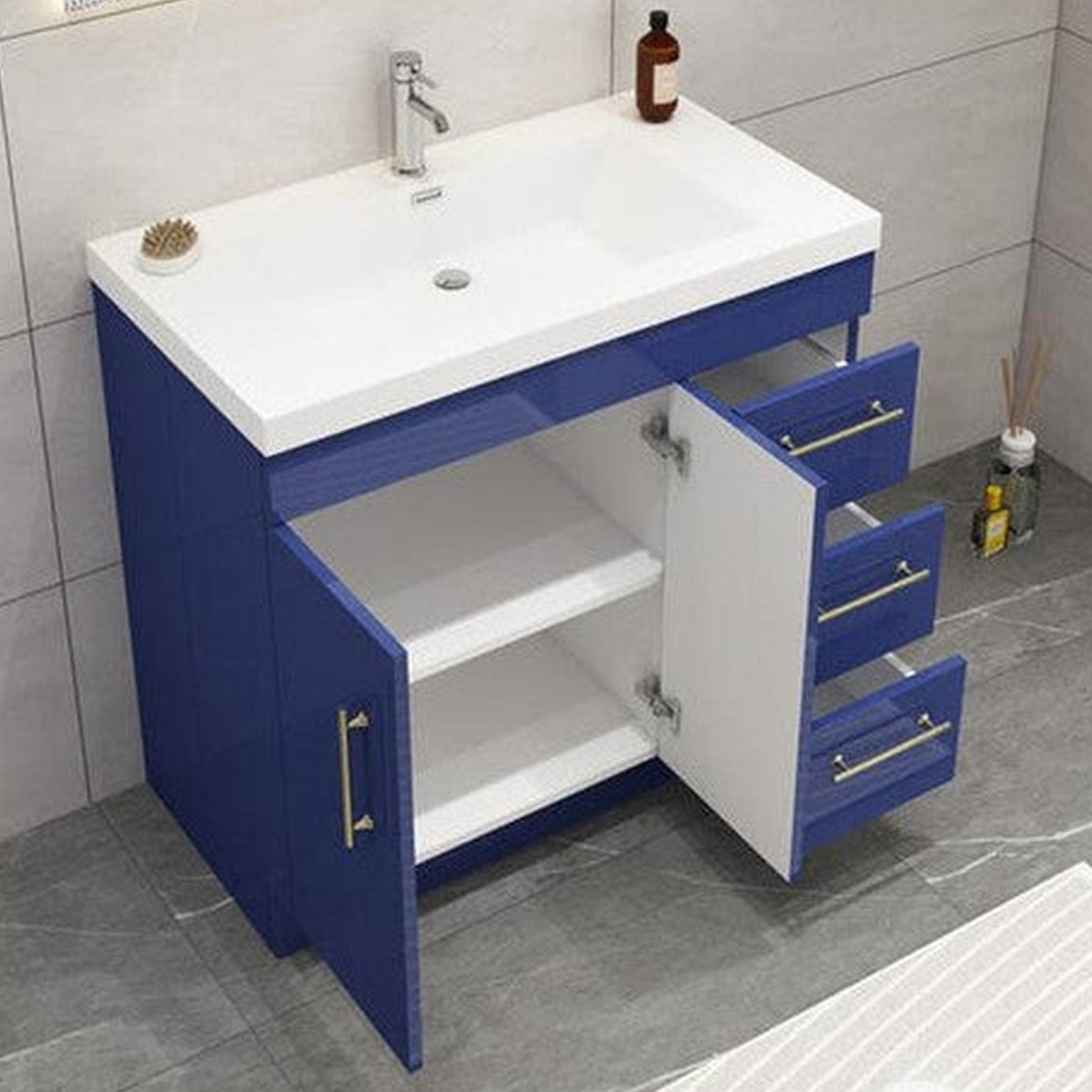 Elara 36" High Gloss Night Blue Freestanding Vanity With Right Side Drawers and Single Reinforced White Acrylic Sink