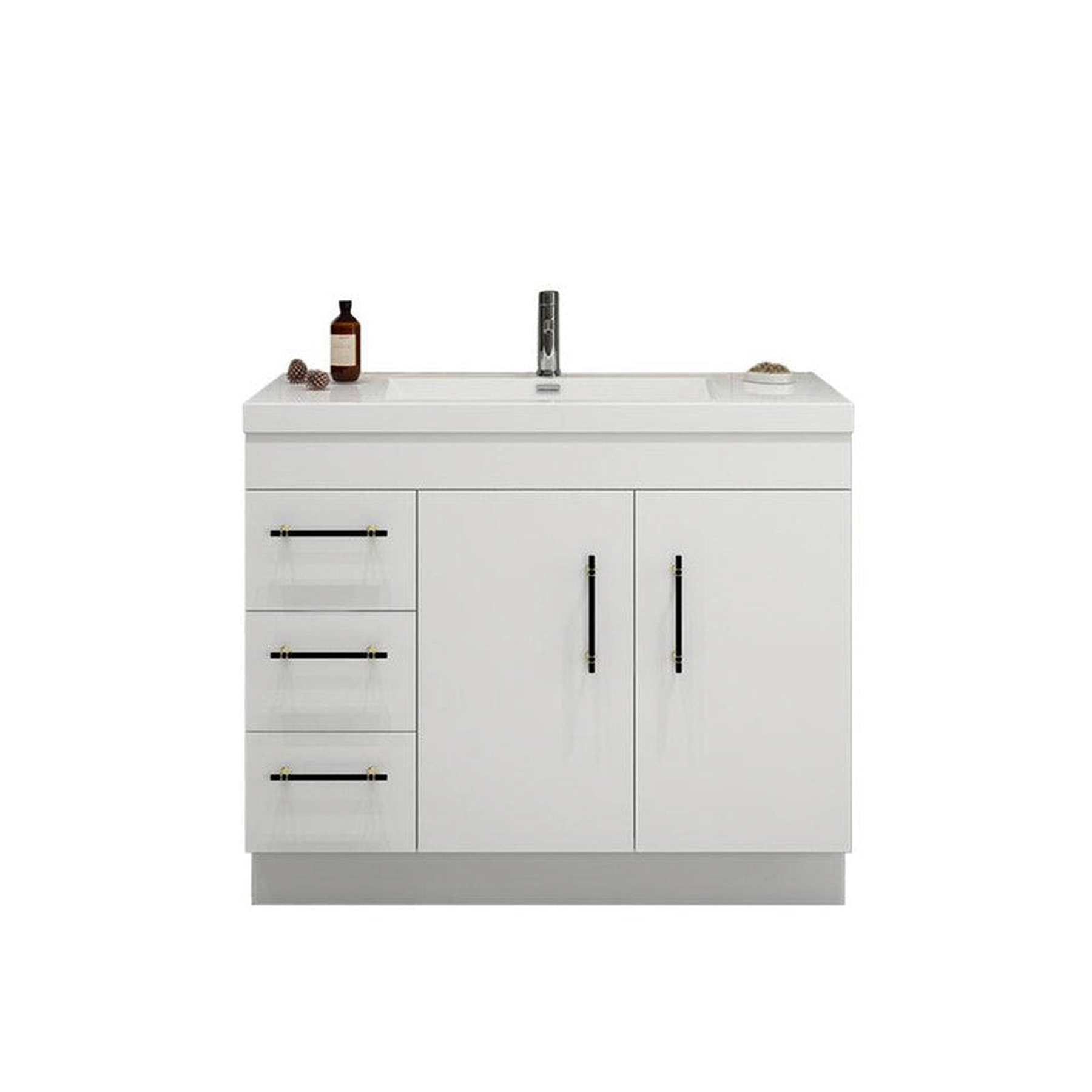 Elara 42" High Gloss White Freestanding Vanity With Left Side Drawers and Single Reinforced White Acrylic Sink