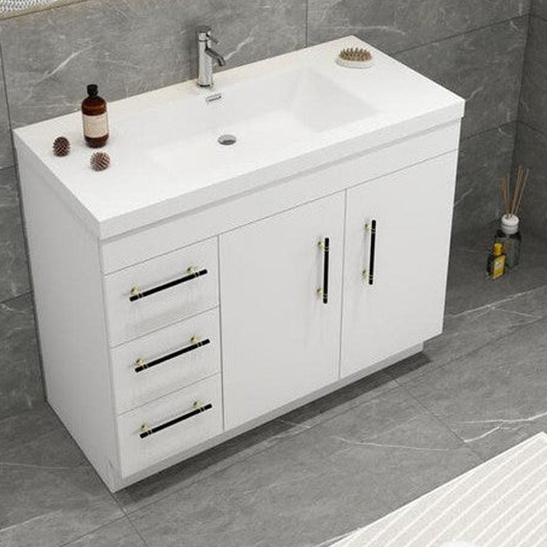 Elara 42" High Gloss White Freestanding Vanity With Left Side Drawers and Single Reinforced White Acrylic Sink