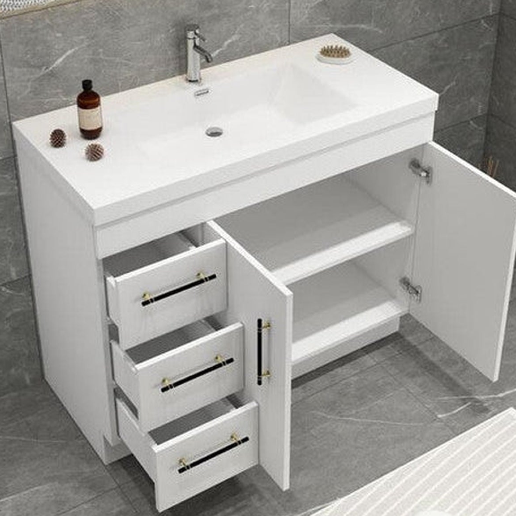Elara 42" High Gloss White Freestanding Vanity With Left Side Drawers and Single Reinforced White Acrylic Sink