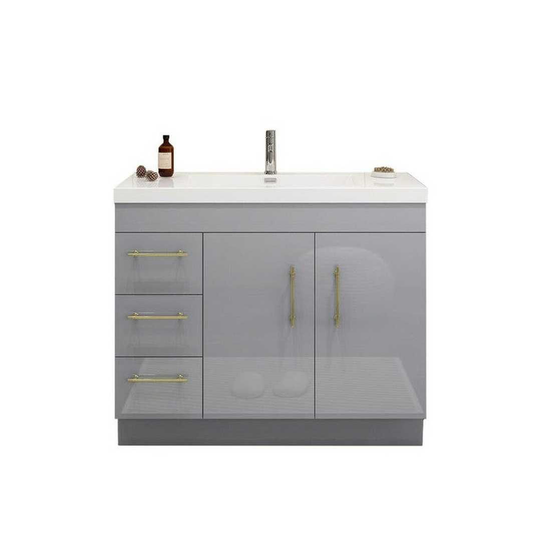 Elara 42" High Gloss Gray Freestanding Vanity With Left Side Drawers and Single Reinforced White Acrylic Sink