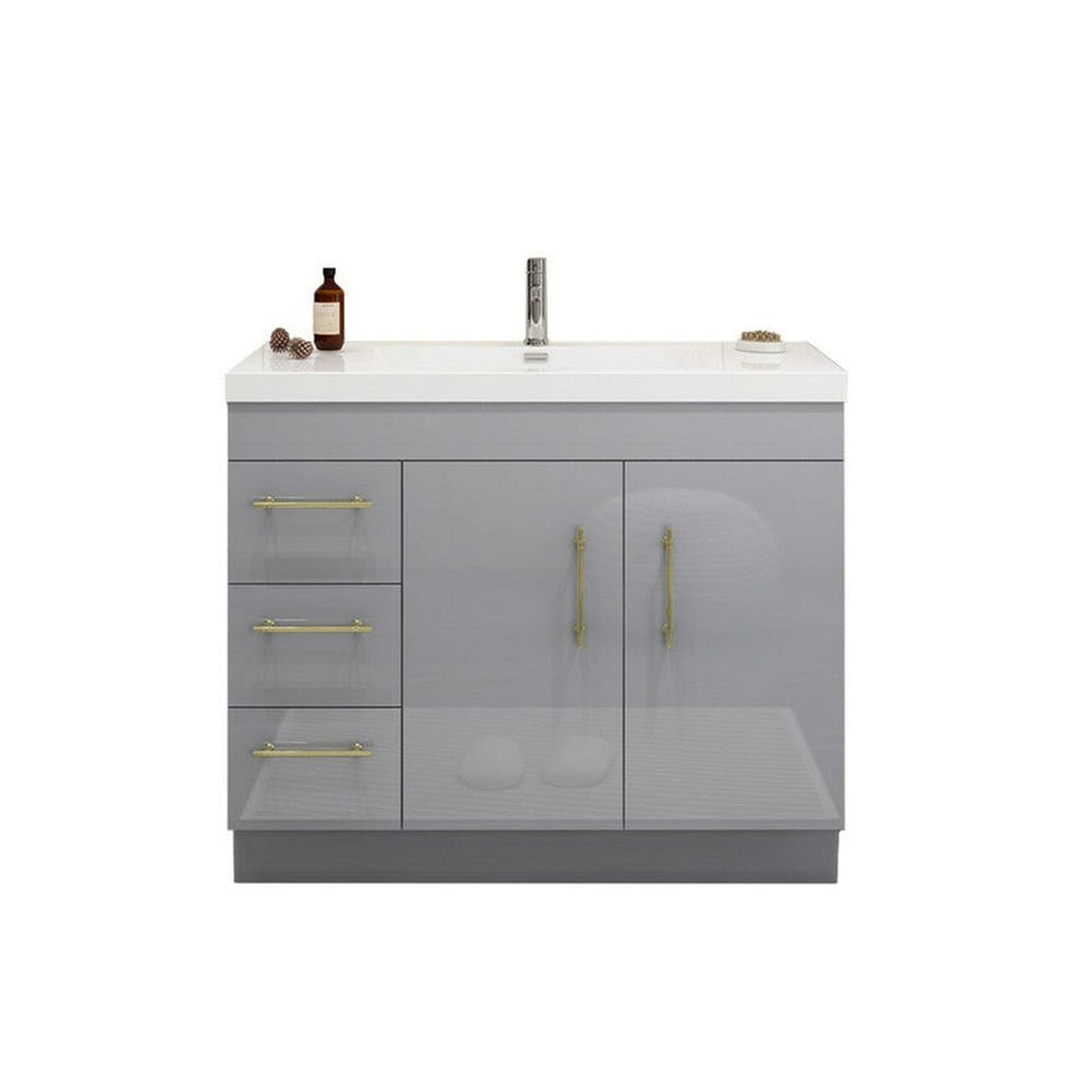Elara 42" High Gloss Gray Freestanding Vanity With Left Side Drawers and Single Reinforced White Acrylic Sink