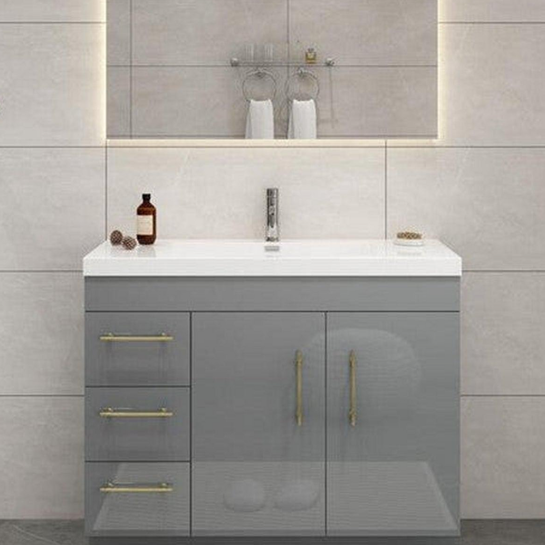 Elara 42" High Gloss Gray Freestanding Vanity With Left Side Drawers and Single Reinforced White Acrylic Sink
