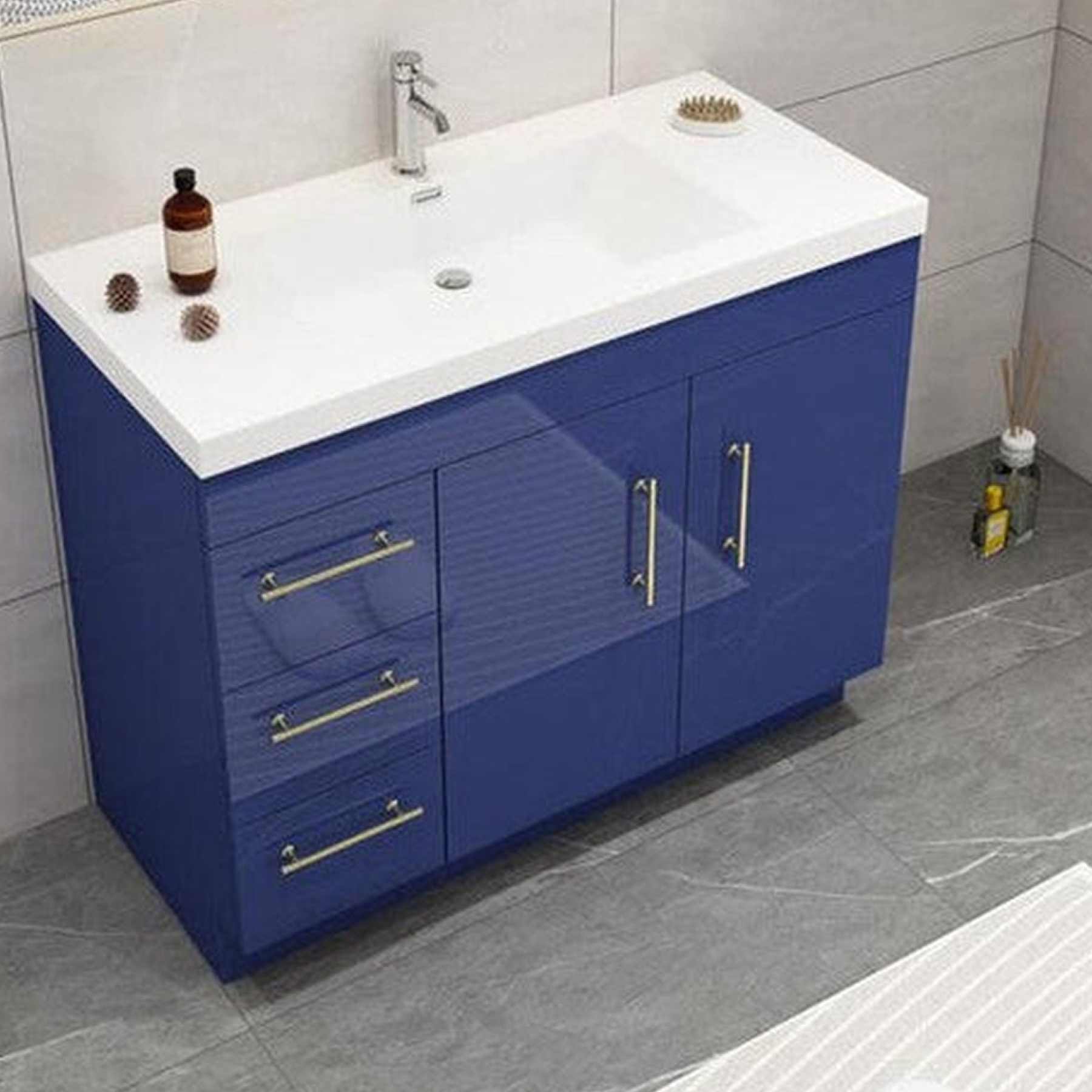 Elara 42" High Gloss Night Blue Freestanding Vanity With Left Side Drawers and Single Reinforced White Acrylic Sink