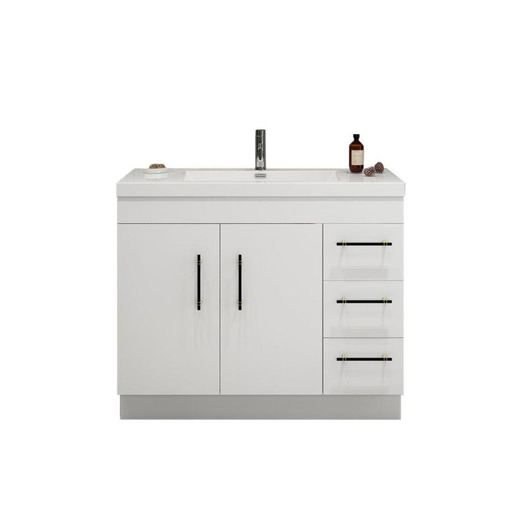 Elara 42" High Gloss White Freestanding Vanity With Right Side Drawers and Single Reinforced White Acrylic Sink