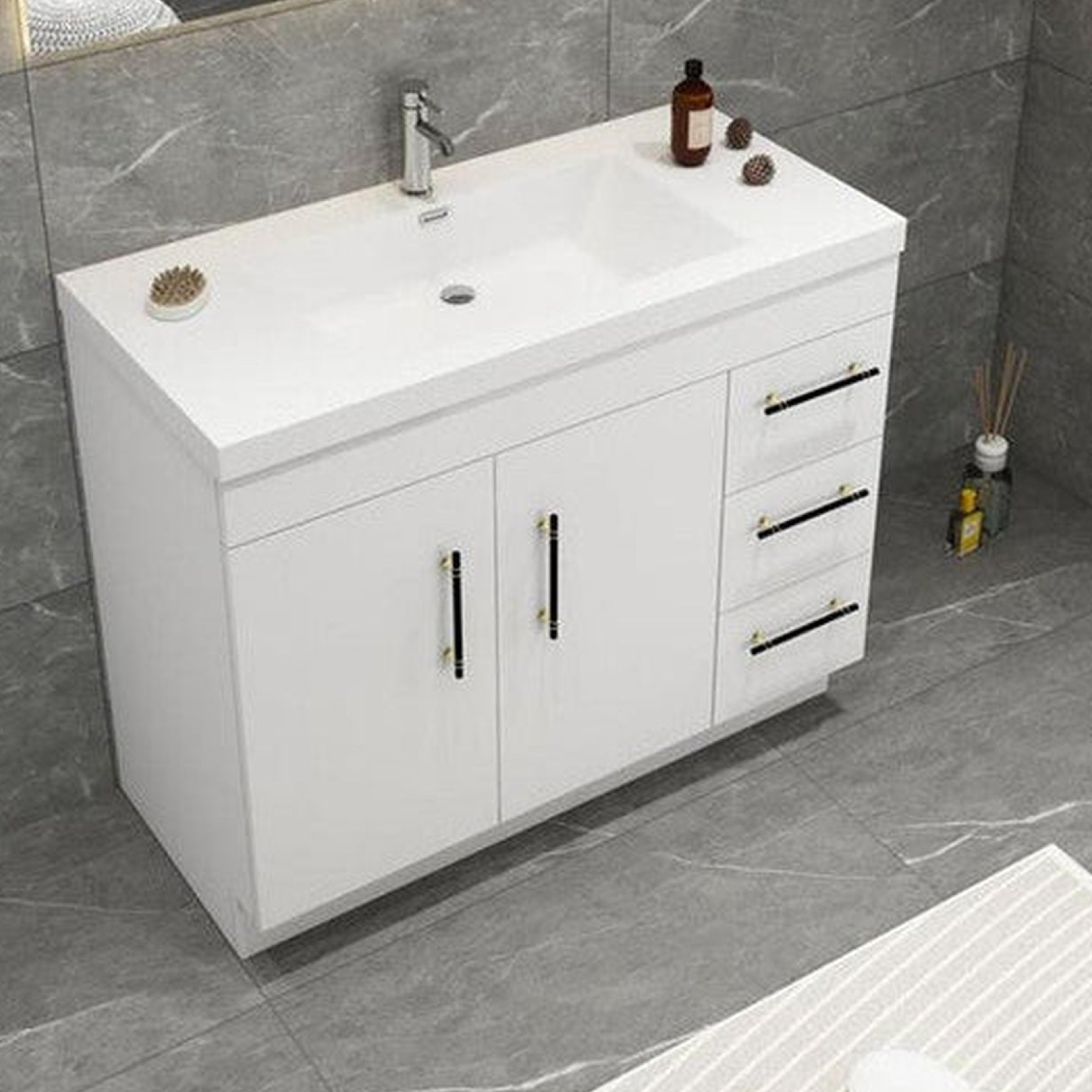 Elara 42" High Gloss White Freestanding Vanity With Right Side Drawers and Single Reinforced White Acrylic Sink