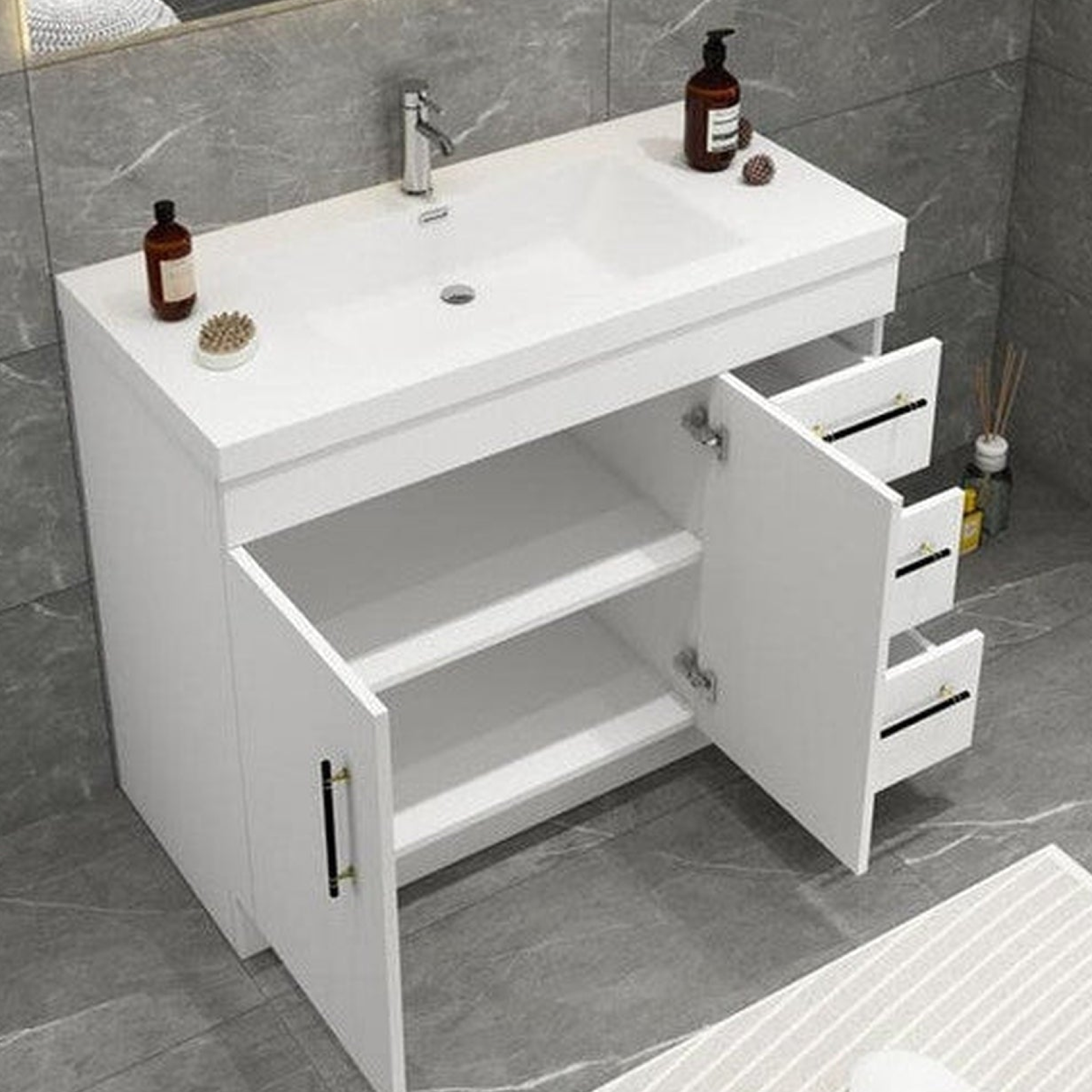 Elara 42" High Gloss White Freestanding Vanity With Right Side Drawers and Single Reinforced White Acrylic Sink