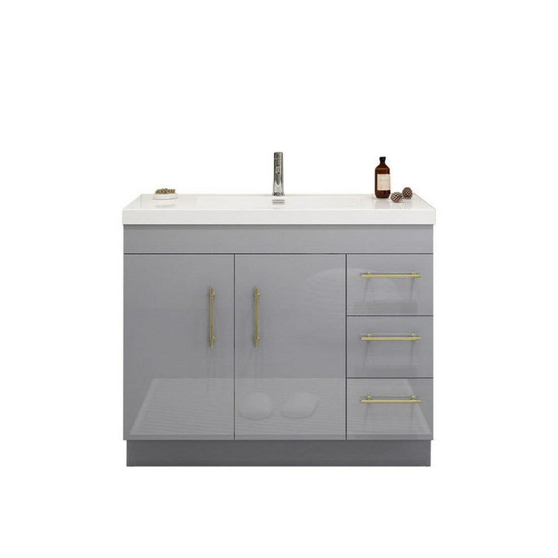 Elara 42" High Gloss Gray Freestanding Vanity With Right Side Drawers and Single Reinforced White Acrylic Sink