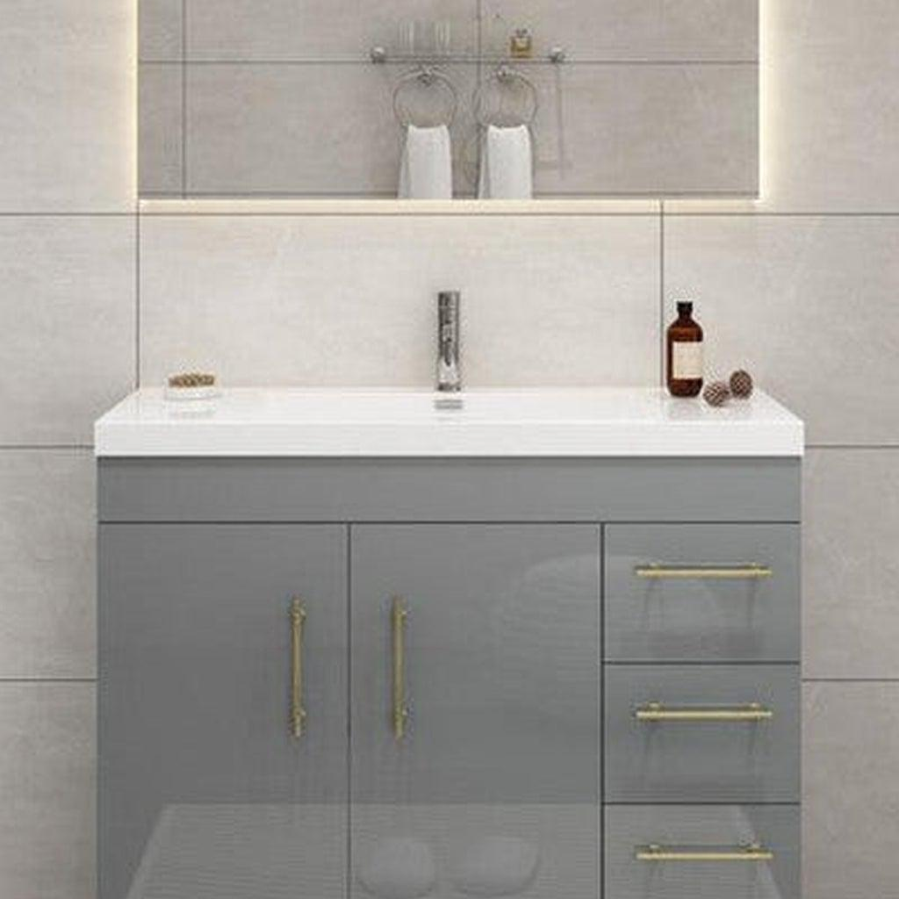 Elara 42" High Gloss Gray Freestanding Vanity With Right Side Drawers and Single Reinforced White Acrylic Sink