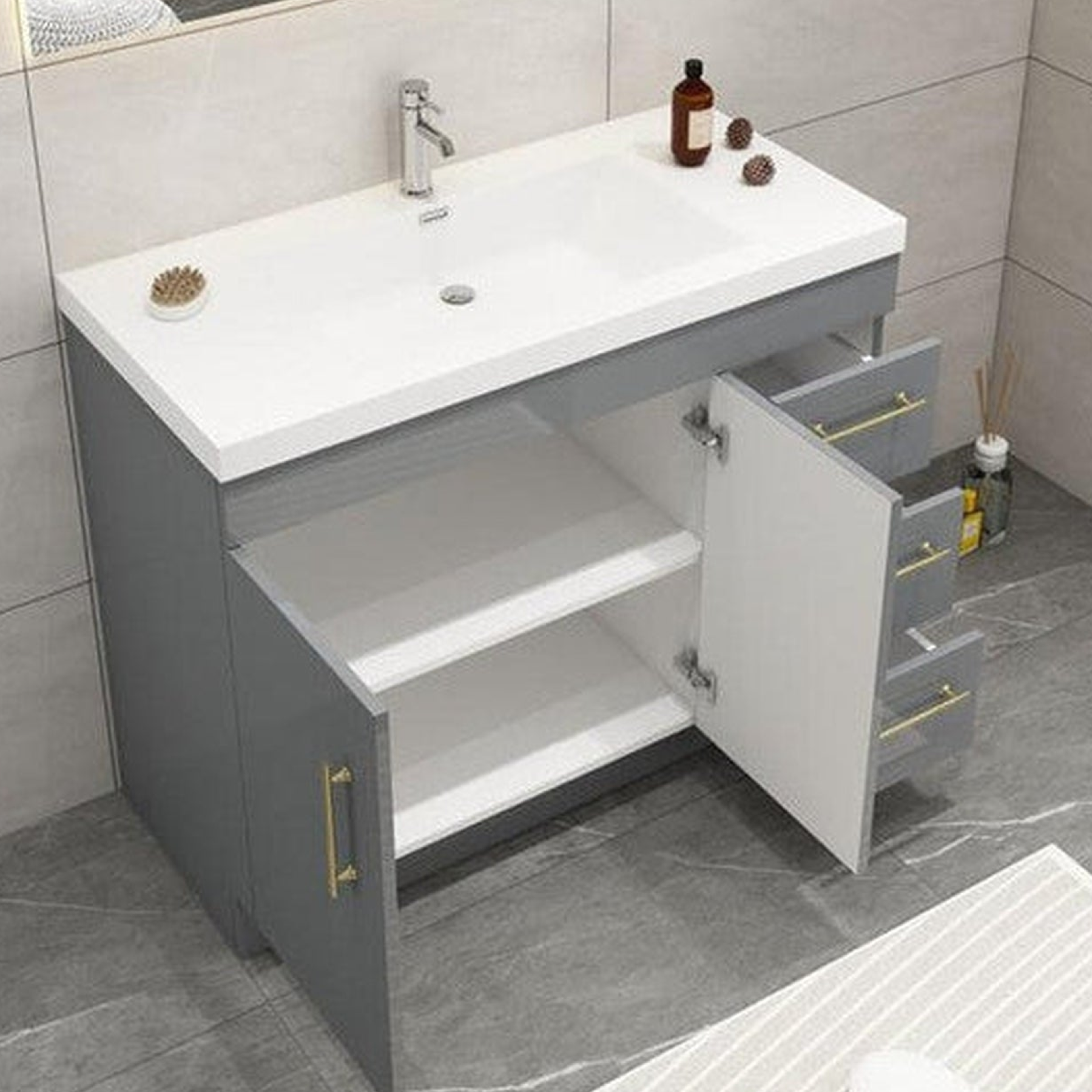 Elara 42" High Gloss Gray Freestanding Vanity With Right Side Drawers and Single Reinforced White Acrylic Sink