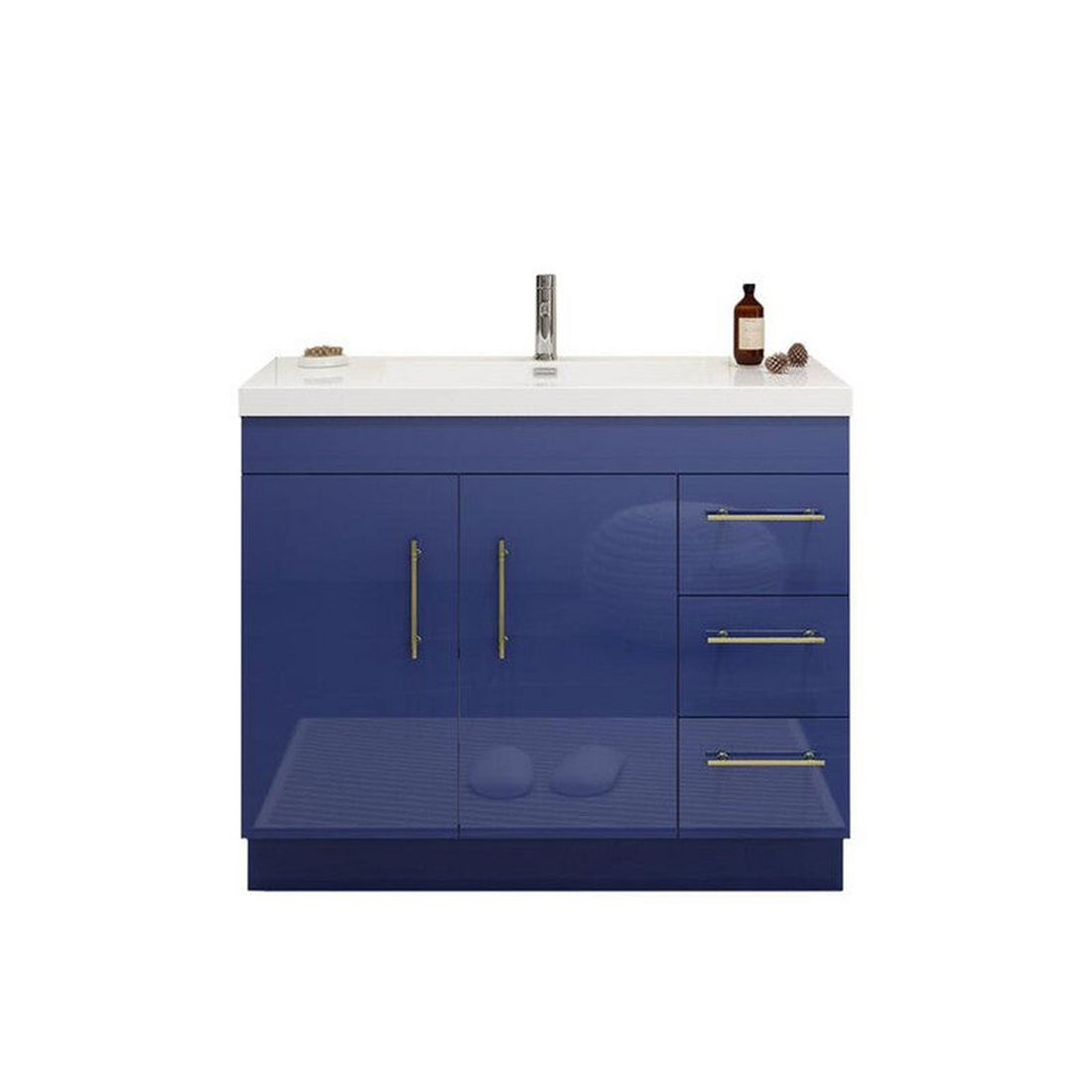 Elara 42" High Gloss Night Blue Freestanding Vanity With Right Side Drawers and Single Reinforced White Acrylic Sink