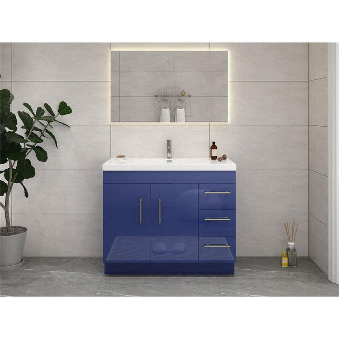 Elara 42" High Gloss Night Blue Freestanding Vanity With Right Side Drawers and Single Reinforced White Acrylic Sink